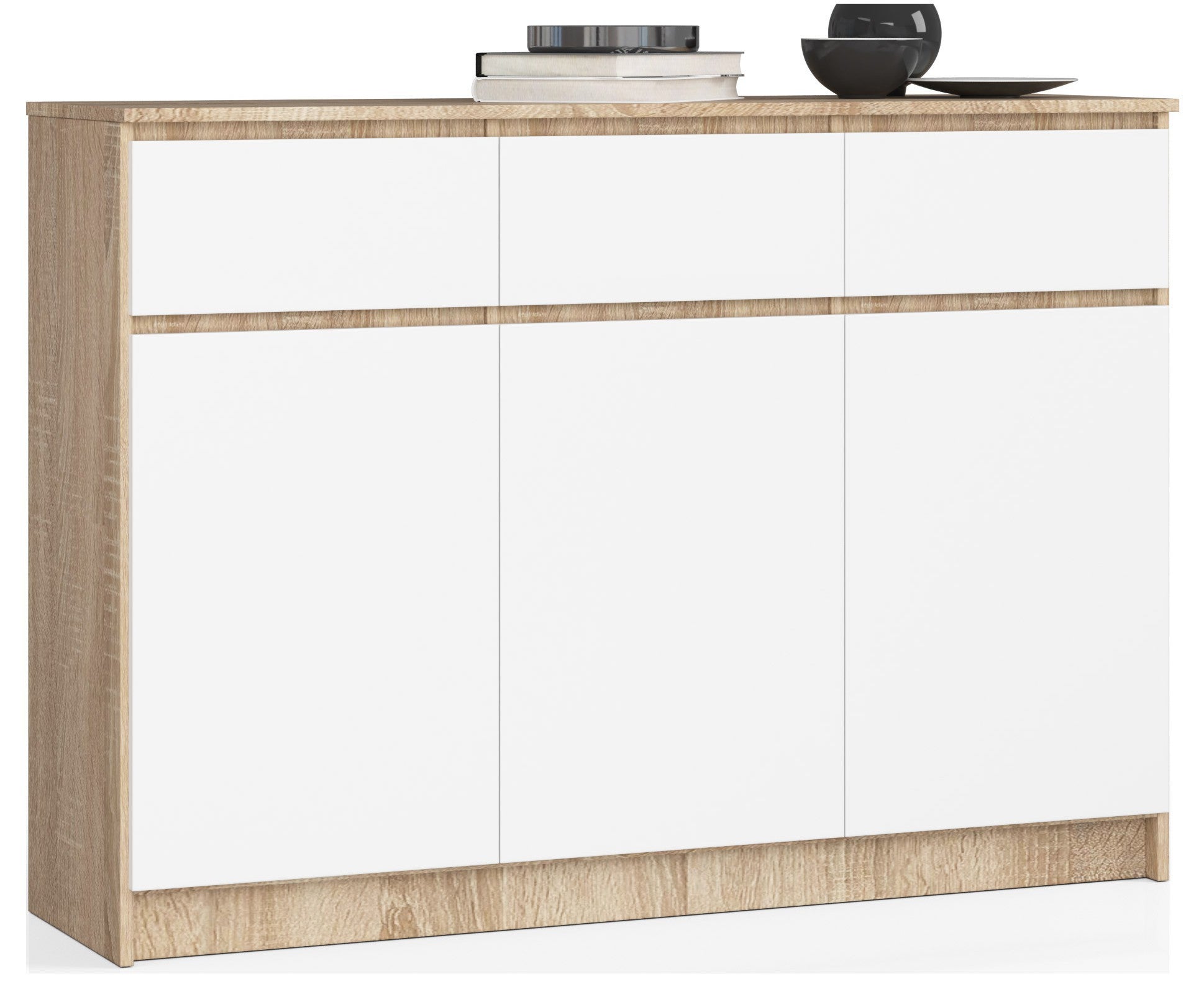 Komoda AKORD K140 Dąb Sonoma 138 cm 3 drzwi 3 szuflady kolor Biały mat 6 półek 138x40x99 cm