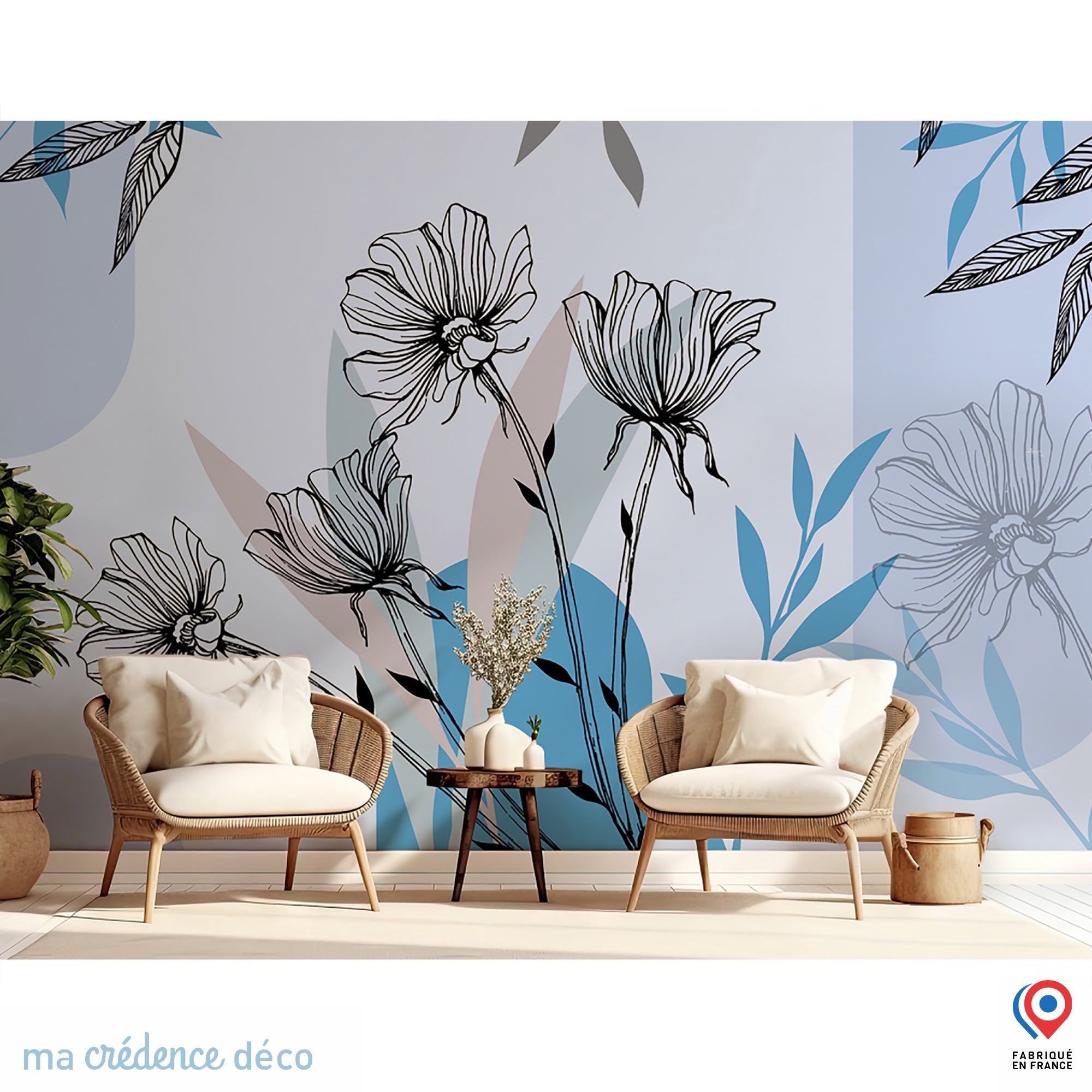 Papier peint Fleurs graphiques - Intissé - L.400 x H.280 cm - Bleu ...