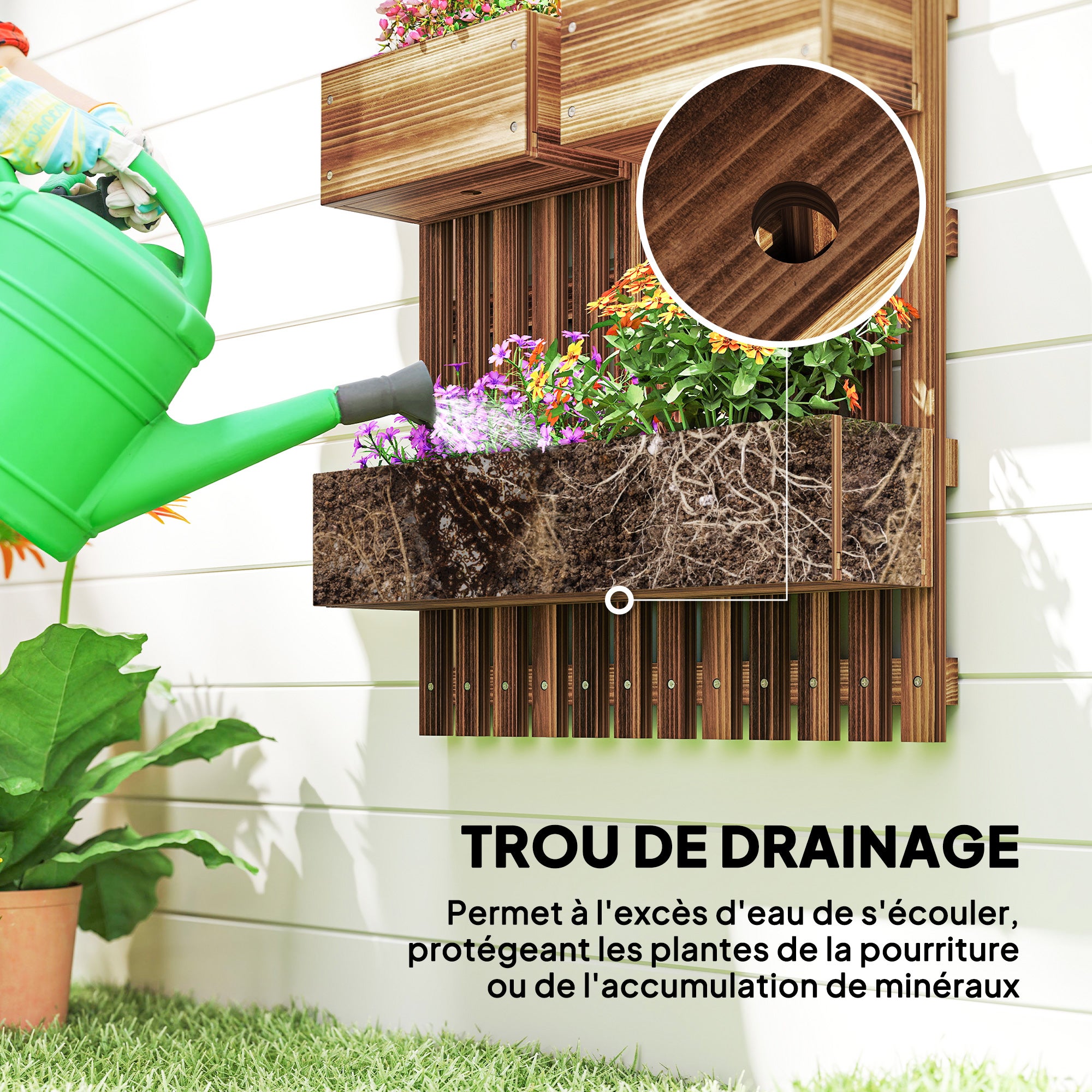 Jardinière murale en bois de sapin avec 3 bacs amovibles - 7
