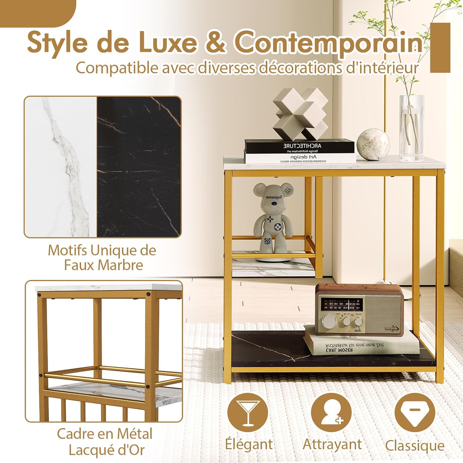 Tavolino da Salotto, Tavolino Basso da Divano con 3 Ripiani in Marmo Finto e Struttura in Metallo, Tavolino Rettangolare Moderno per Soggiorno - 6