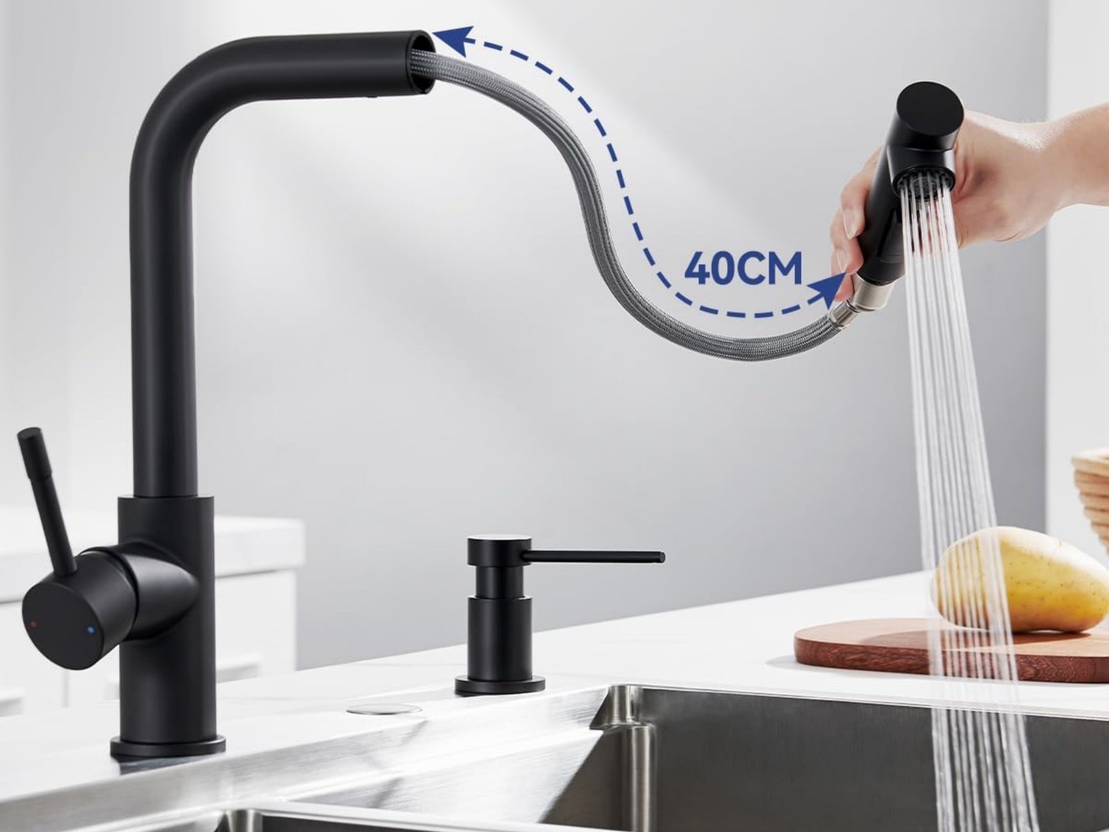 LOVHAUS Czarna Bateria Kuchenna Wyciągana, Bateria Zlewozmywakowa Wysokociśnieniowa Obrotowa 360°, Stal Nierdzewna