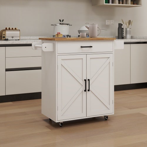 Carrito de cocina con estantes ajustables, barra para toallas y especiero, encimera de madera de caucho, color blanco