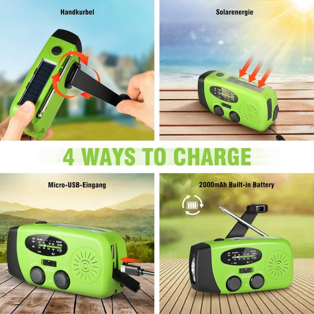 Przenośne radio awaryjne – Power Bank 2000 mAh – Radio awaryjne zasilane bateryjnie (ładowalne) – Na kemping i na wypadek klęsk żywiołowych – Zielone - 3