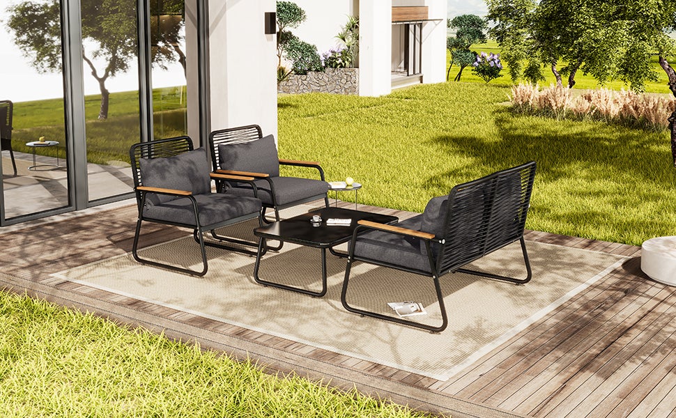 Salon de jardin, ensemble table et canapé pour 4 personnes avec structure en fer galvanisé,y compris tous les coussins d'assise et de dossier,noir - 7
