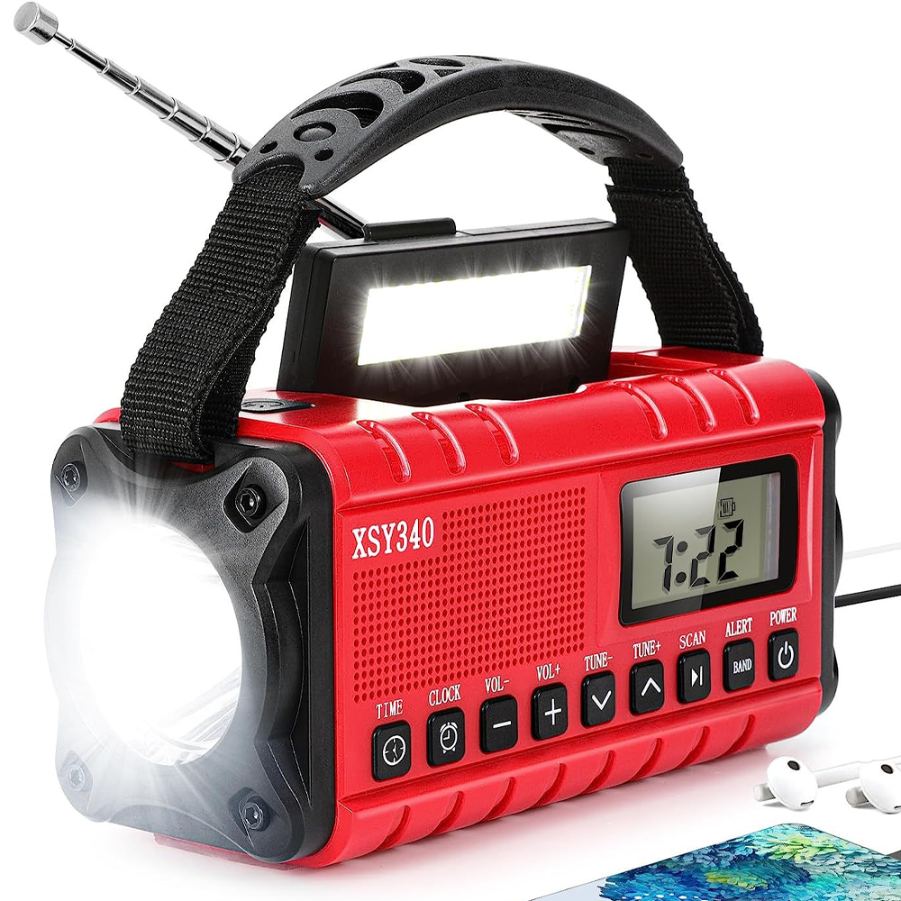 Przenośne radio DAB/FM (czerwone), radio solarne 5000 mAh, ładowane przez USB, z alarmem SOS, latarką i lampką do czytania