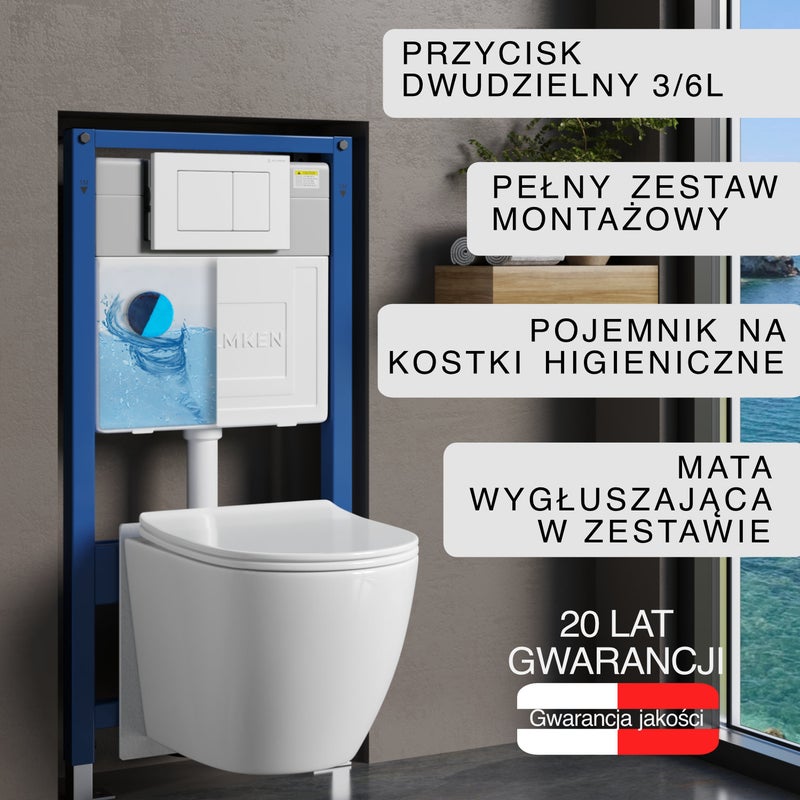 Stelaż podtynkowy WC Helmken 35490101 Zestaw 6w1: Przycisk Biały (J), Miska bezkołnierzowa Rimless, Deska wolnoopadająca, Pojemnik na kostki, Mata