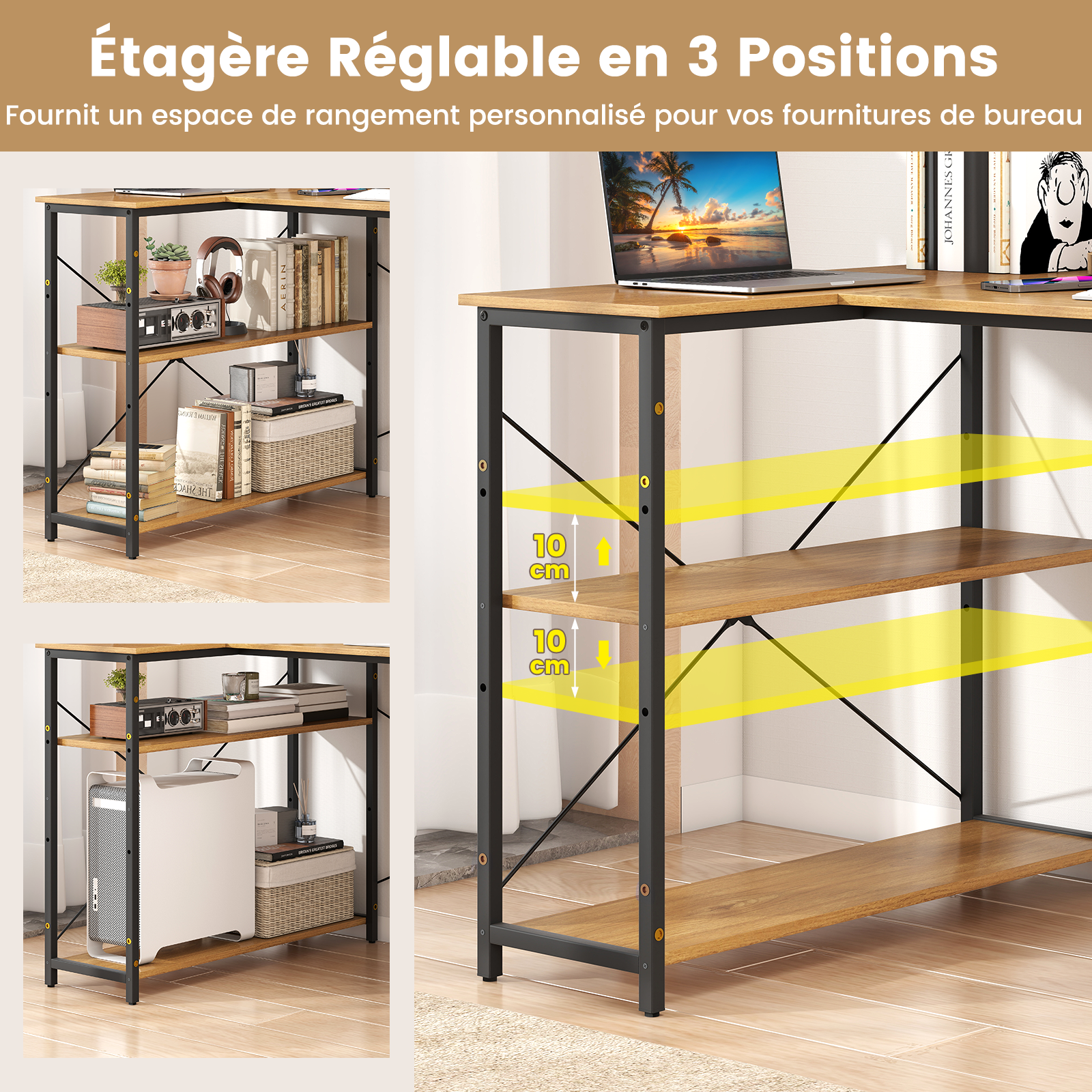 Bureau d'Ordinateur en Forme de L, Bureau d'angle Réversible avec Étagère Réglable, Table d'Étude Gain de Place, Naturel - 6