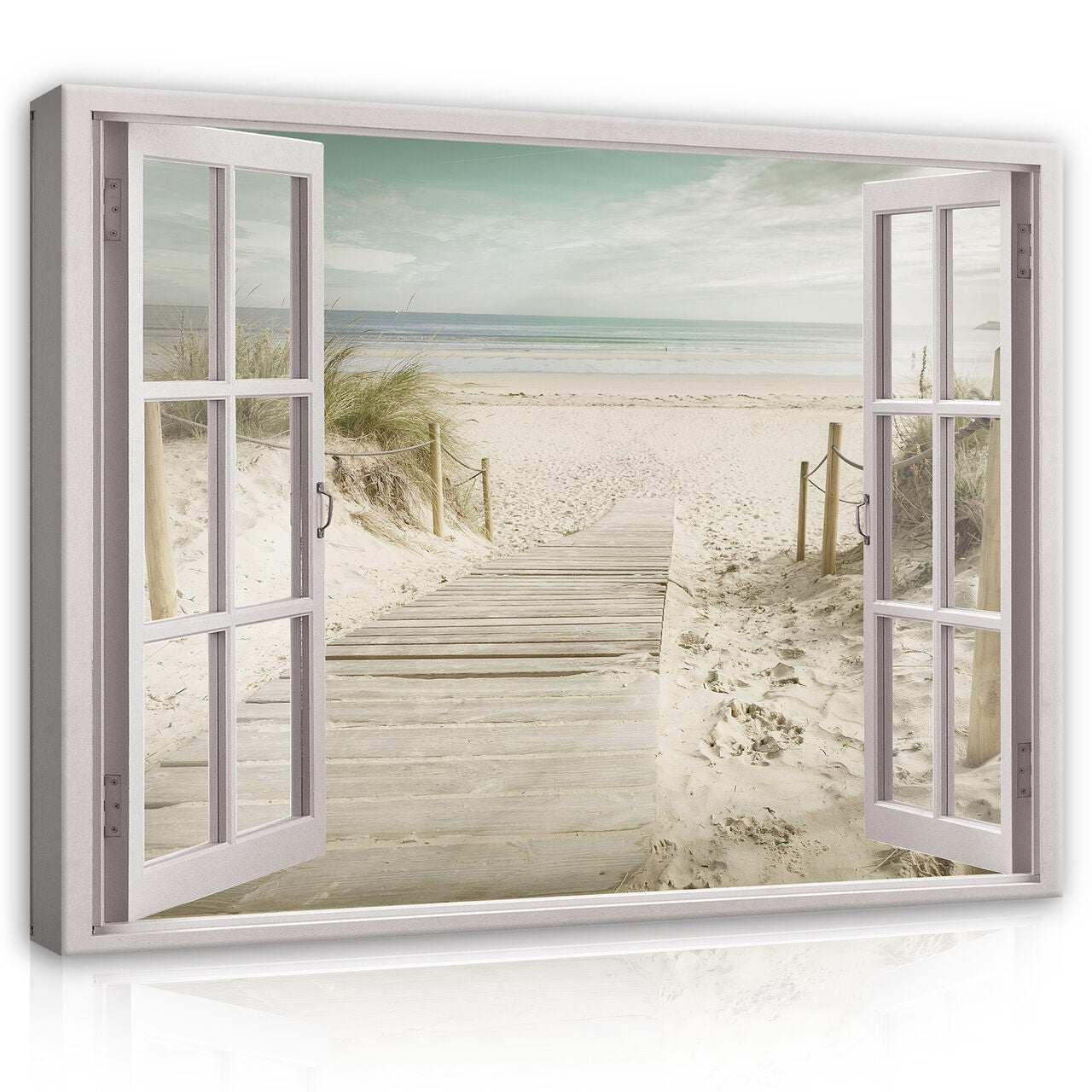 Cuadro en lienzo ventana playa mar naturaleza 100x75 cm xxl impresión en lienzo decoración de pared canvas para salón lista para colgar
