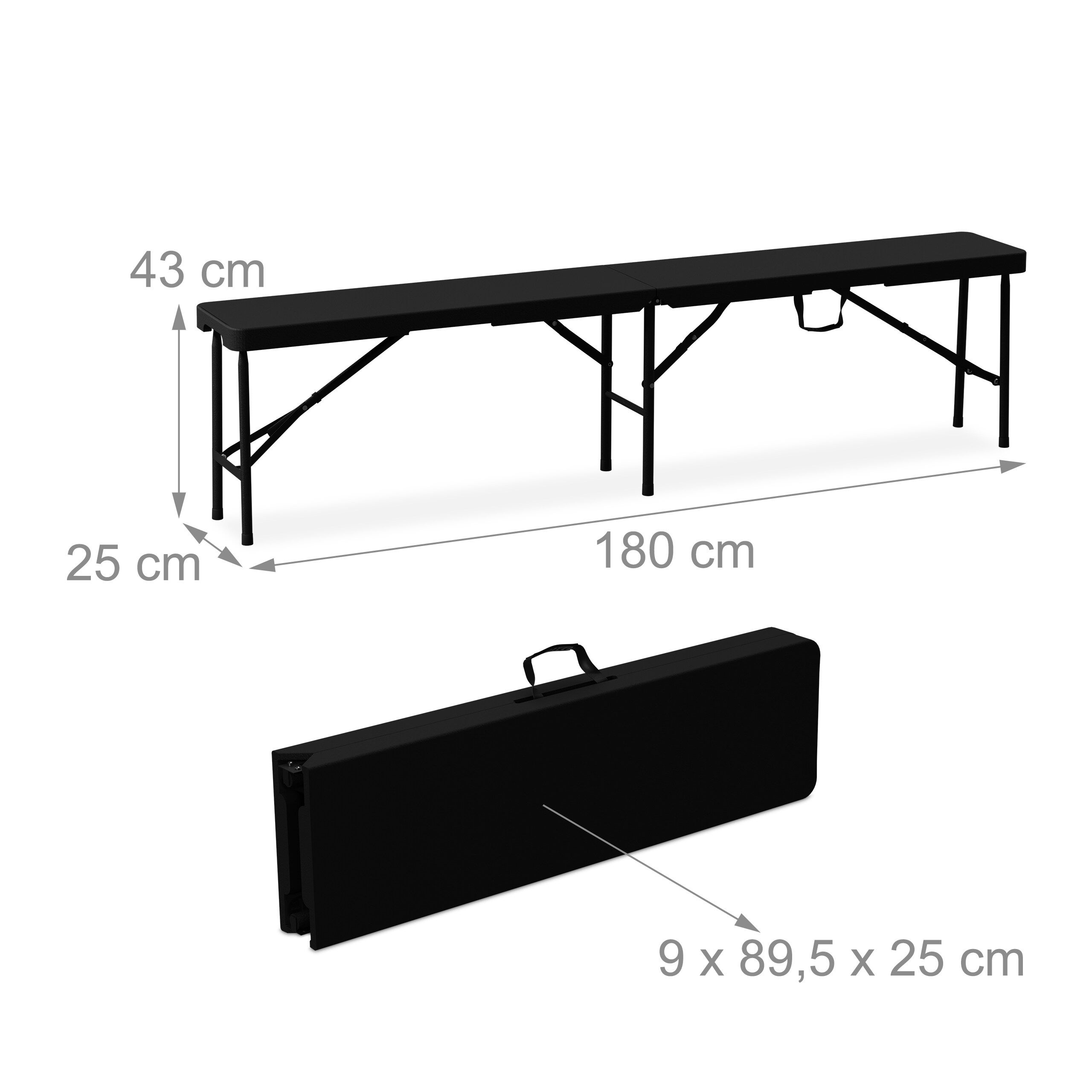 Conjunto de cervejaria dobrável, 3 peças, mesa de 180 cm e 2 bancos em PE e aço para jardim, preto, Relaxdays - 5