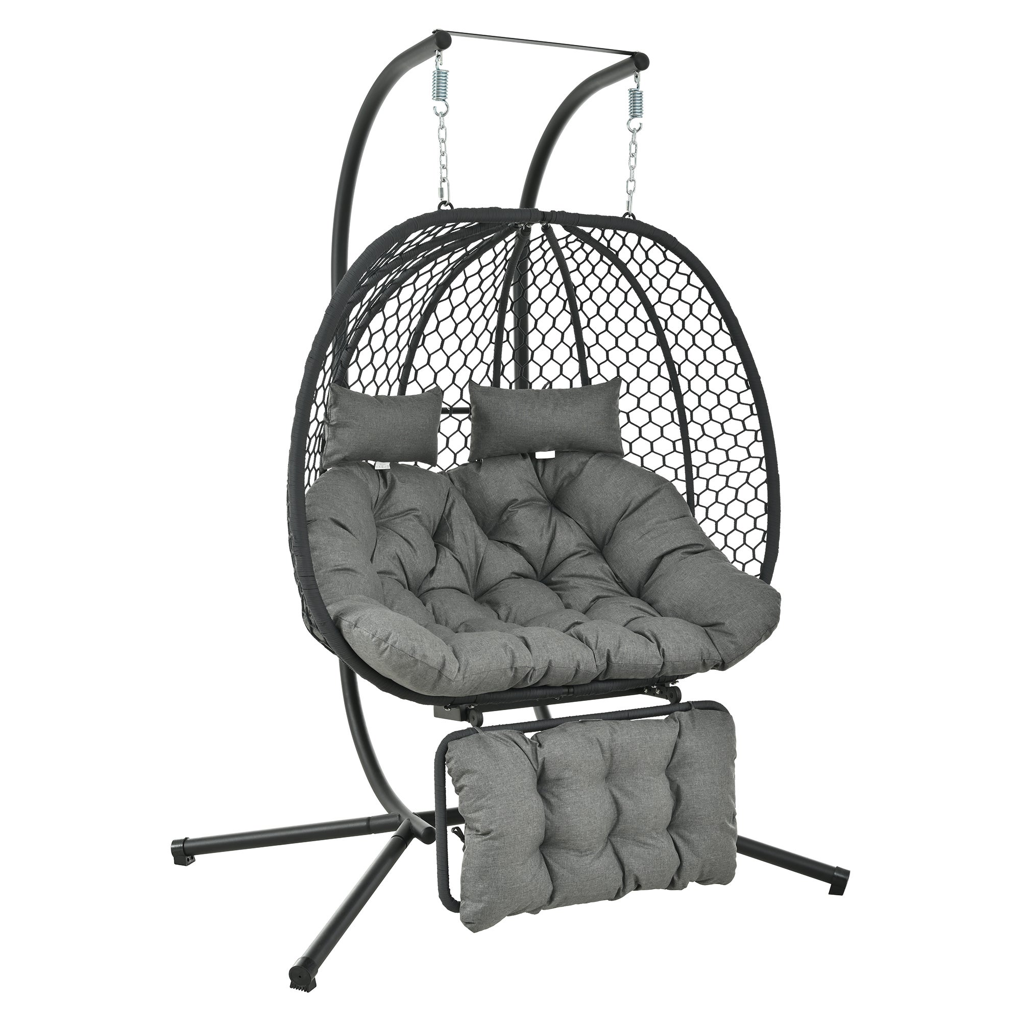Fauteuil suspendu œuf avec pied, balancelle hamac extérieur avec repose-pieds et coussins, fauteuil à bascule double,structure acier, gris - 9