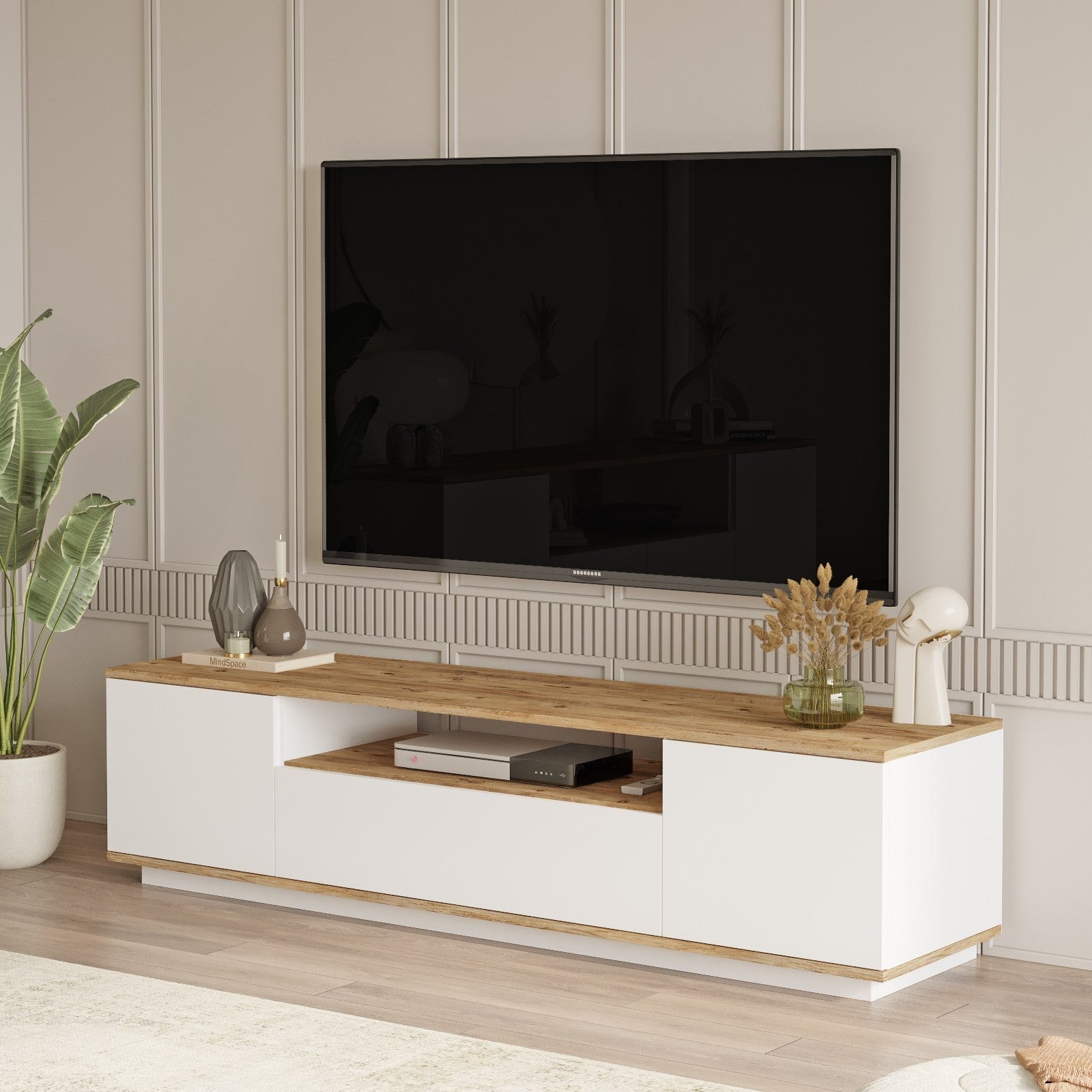 Meuble TV 3 portes basculantes L180cm Dani Bois Naturel et Blanc - 7