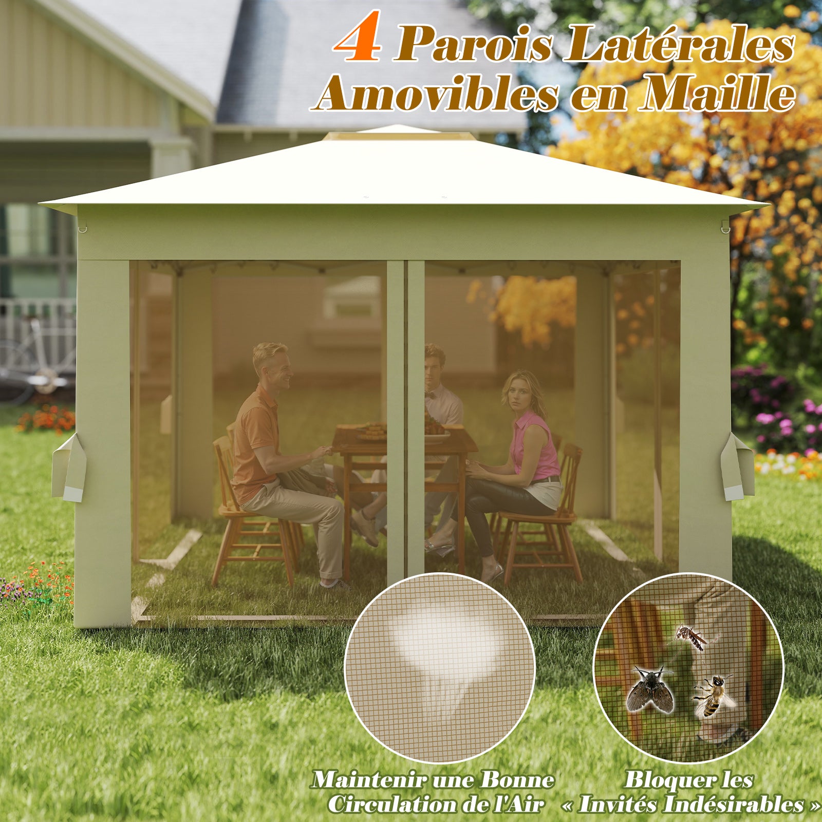 Tonnelle de Jardin 337 x 337 CM avec Filet en Maille 4 Côtés, Tente de Réception à Double Toit avec Sac de Transport Protection Solaire, Beige - 9