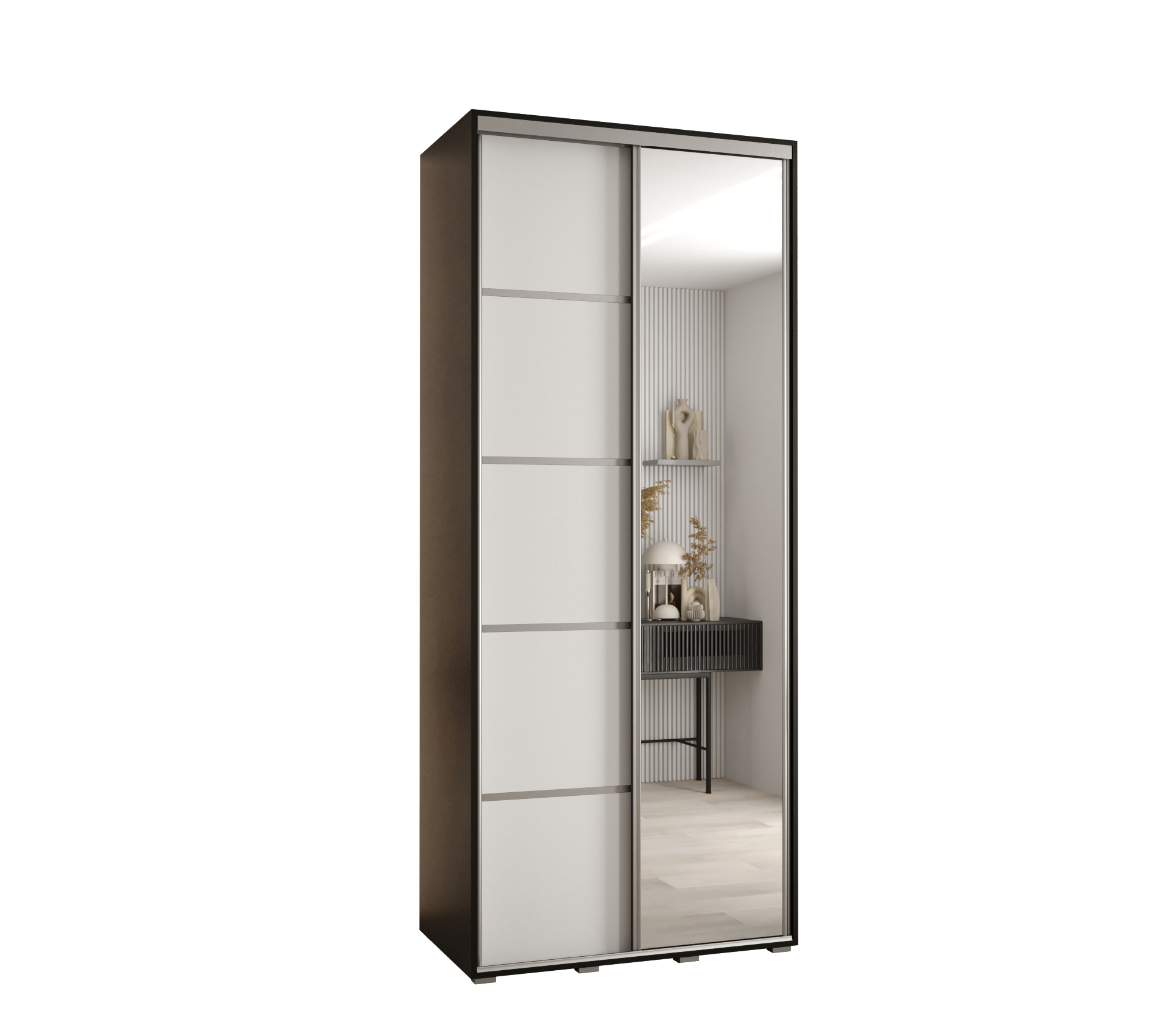 Szafa przesuwna z lustrem wysoka Davos 5 110 x 45 x 235,2 cm czarny + biały + u. srebrny - Abiks Meble