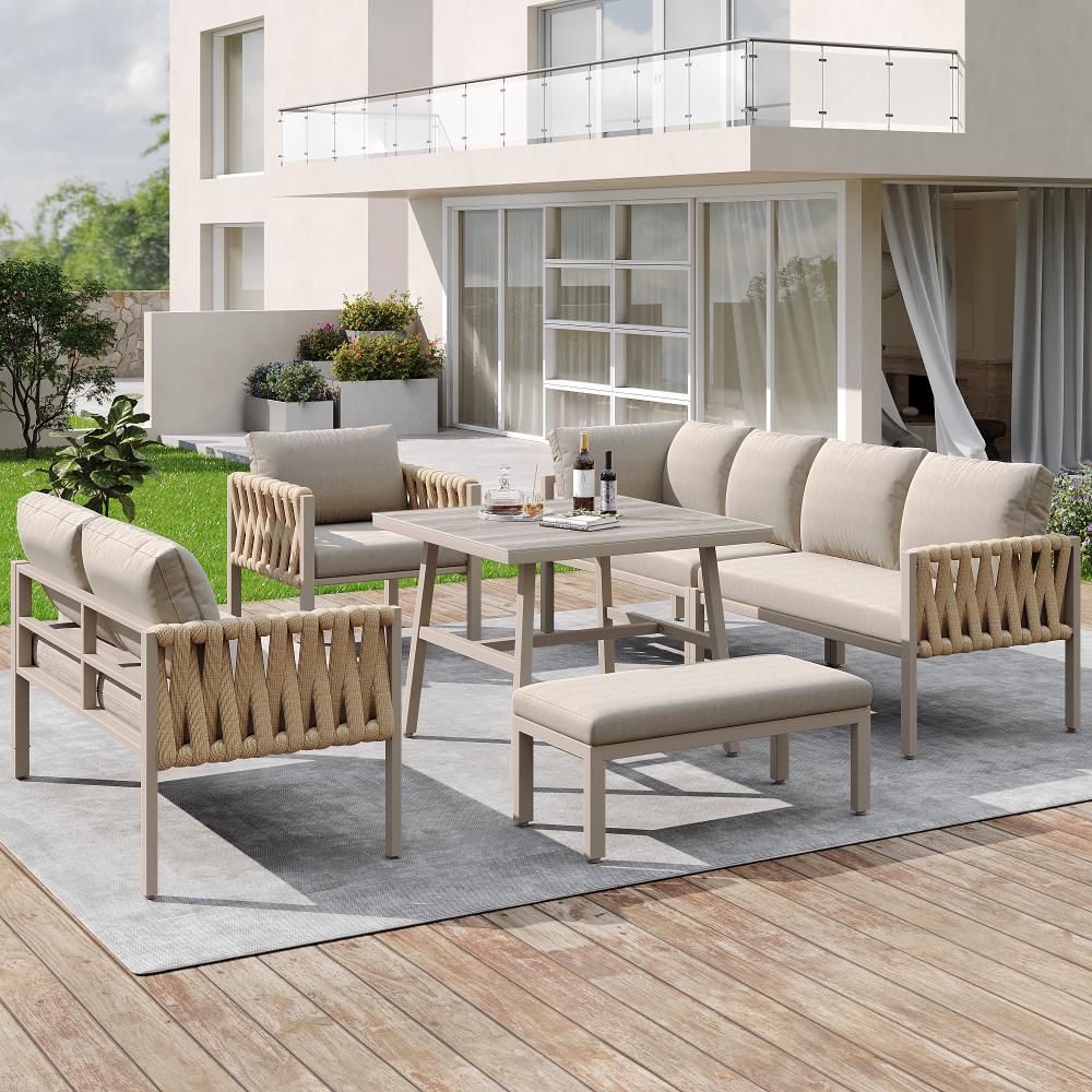 Ensemble de meubles de jardin modulable avec canapé d'angle, fauteuils, table en verre trempé et coussins inclus pour extérieur - 2