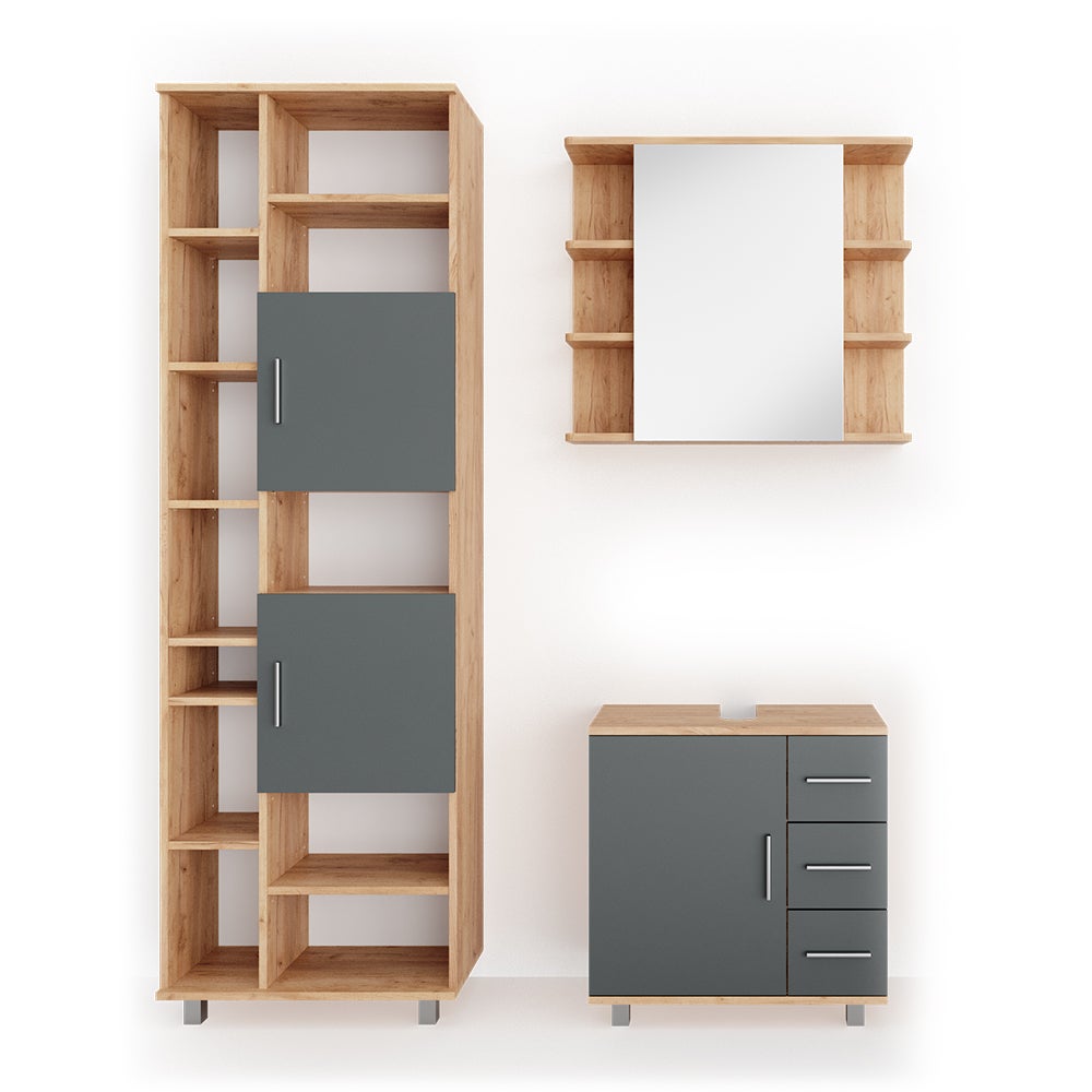 Vicco Zestaw mebli łazienkowych Ilias, Dąb, 3 części, z modułem wysokim