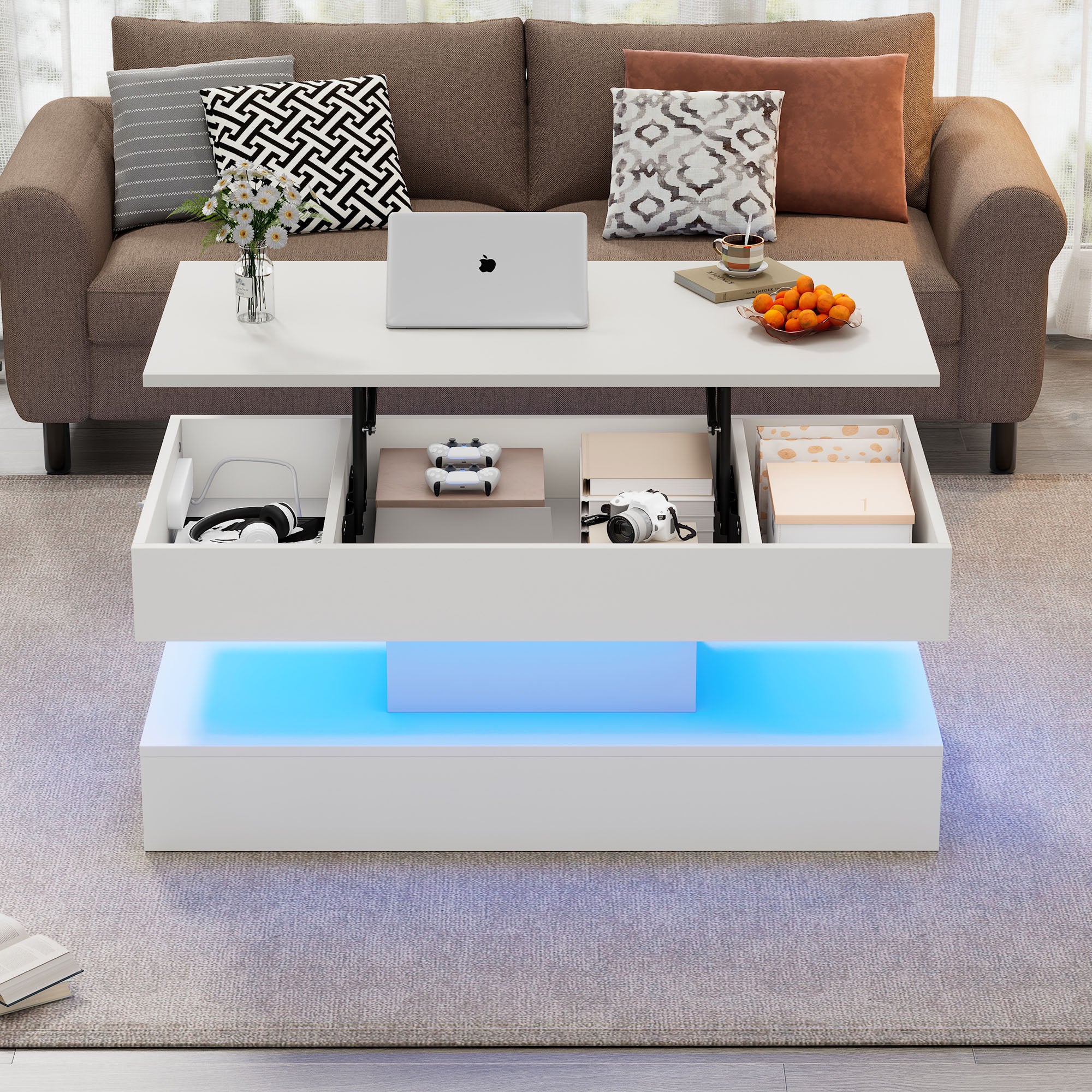 Podnoszony stolik kawowy z portami USB i ładowania - 100 x 50 x 42 cm - diody LED - płyta wiórowa - biały - 7