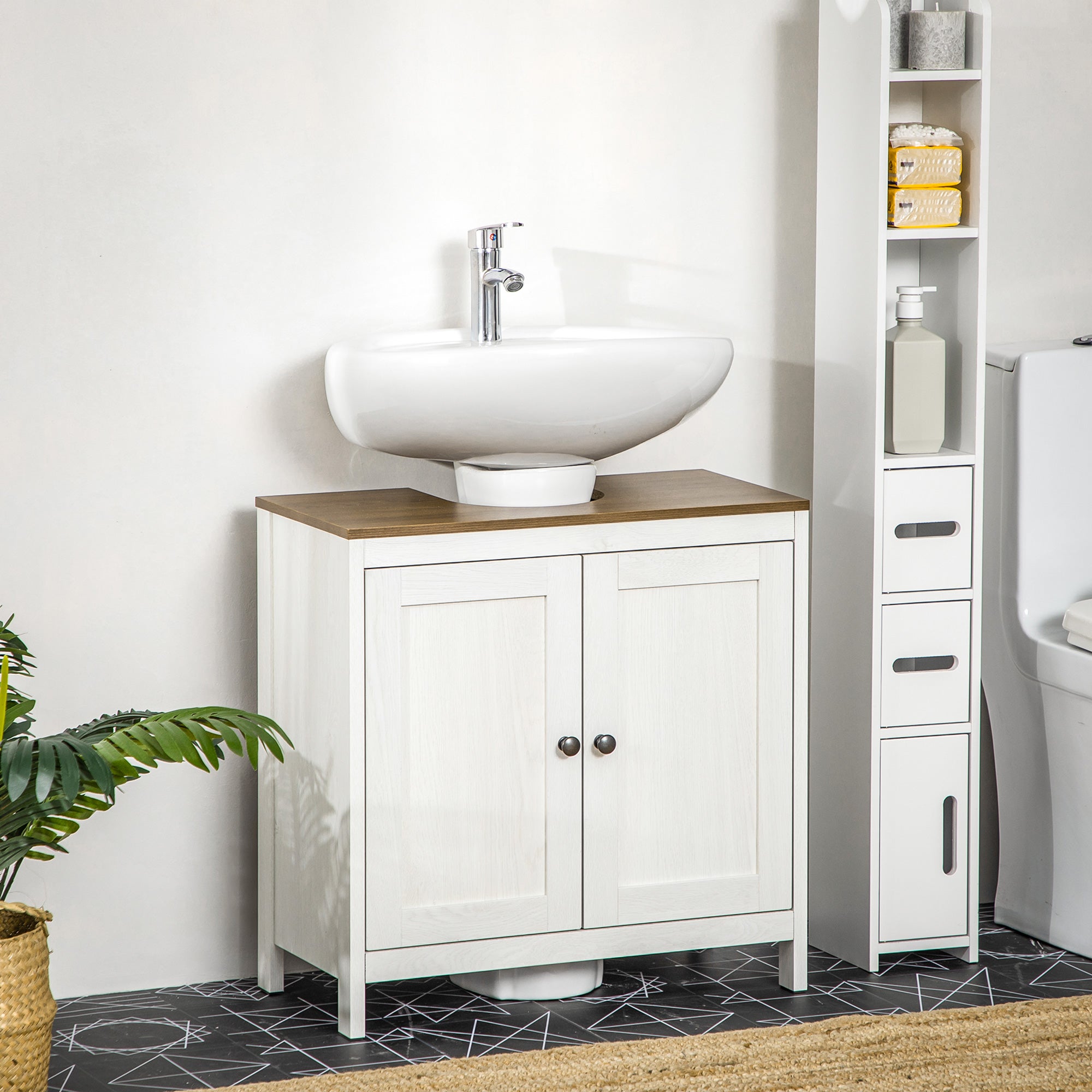 Meuble sous lavabo meuble de salle de bain 2 portes avec étagère 60 x 30 x 60 cm blanc et aspect bois - 3
