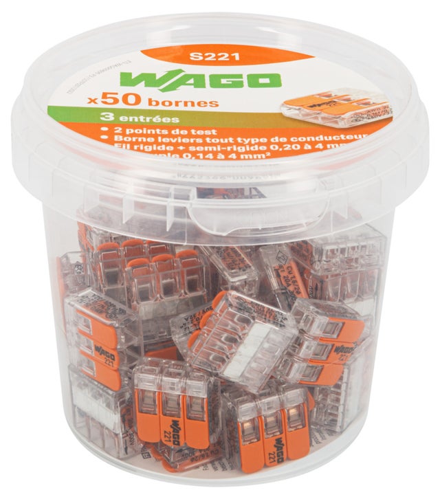 Pot de 50 bornes Wago, 3 entrées, 32A, connexion CAGE CLAMP®, boîtier transparent, test visuel, 405V, 4kV, 0.14-4 mm², sans outils