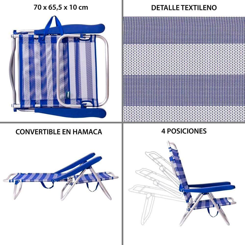 Pacote de 2 Cadeiras de praia dobráveis conversíveis em cama de alumínio listra azul - 8