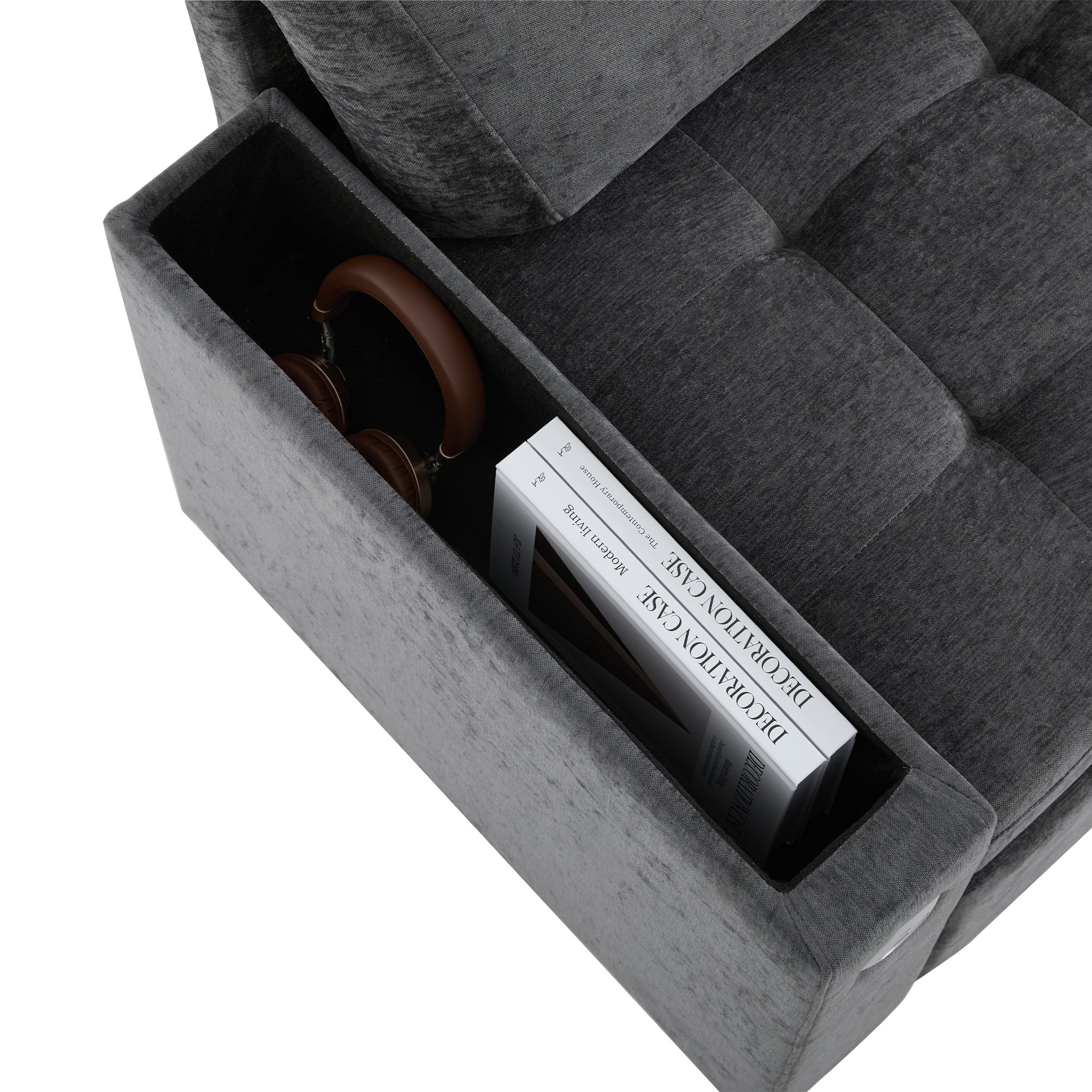 Sofa w kształcie litery L z wysuwanym łóżkiem - ze schowkiem - ładowanie USB - 2 poduszki - szara - 8