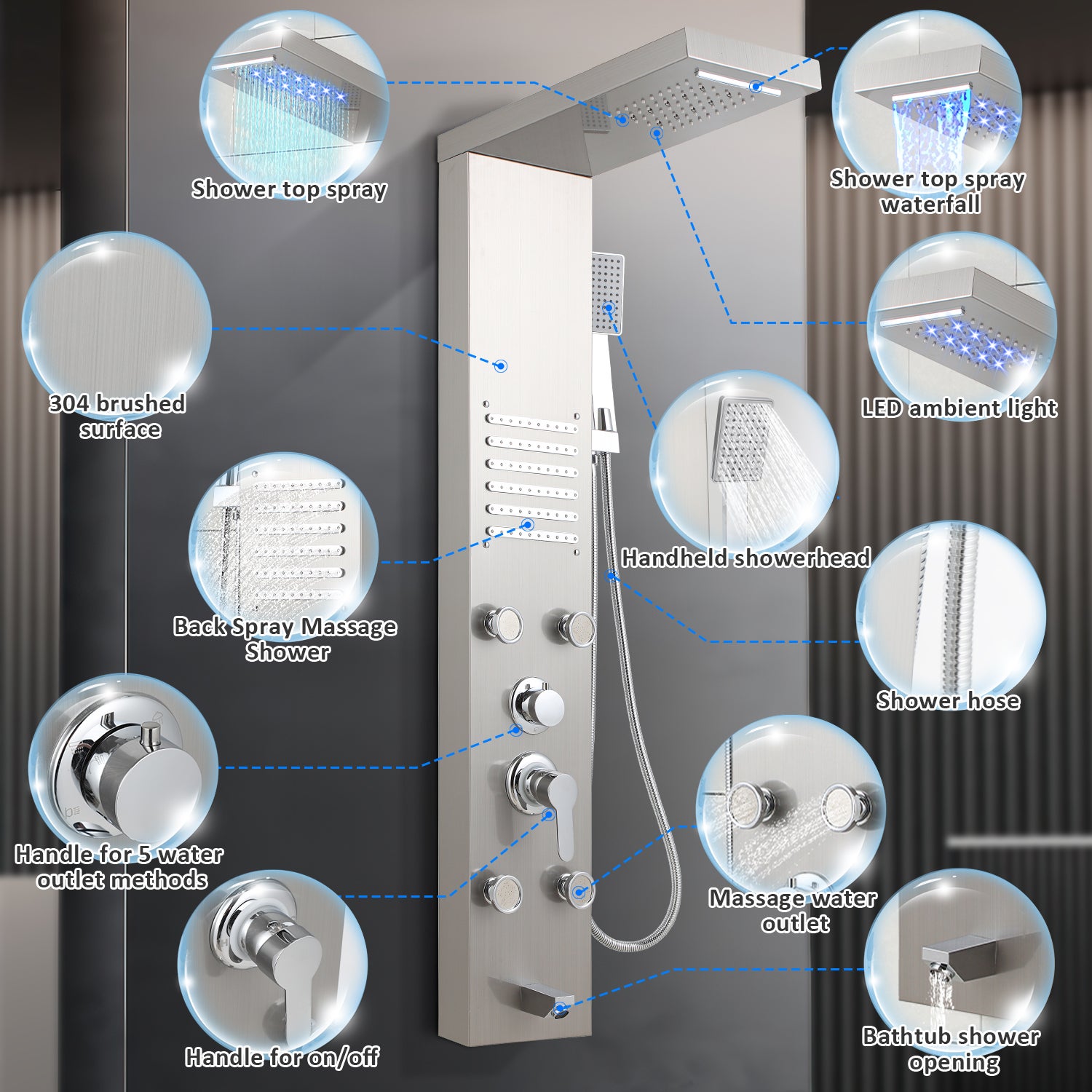 Panel de Columna de Ducha Hidromasaje LED Acero Inoxidable 5 funciones (Rociador de cascada y lluvia, ducha de mano, chorros de masaje, etc.) - A - 3
