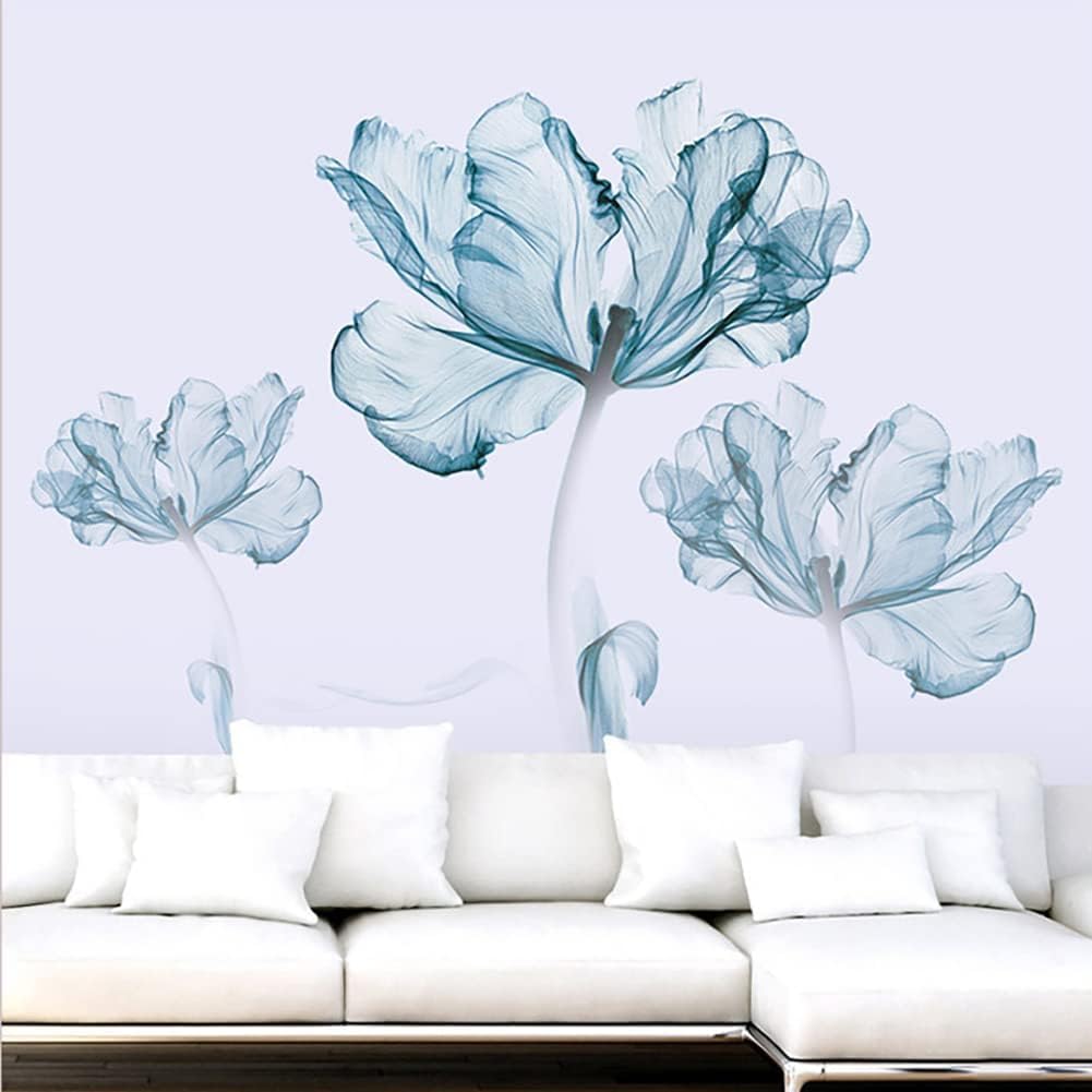 Stickers muraux floraux, grands stickers muraux floraux bleus à l'aquarelle, adaptés à la décoration des salons, salles de bains et chambres - 3