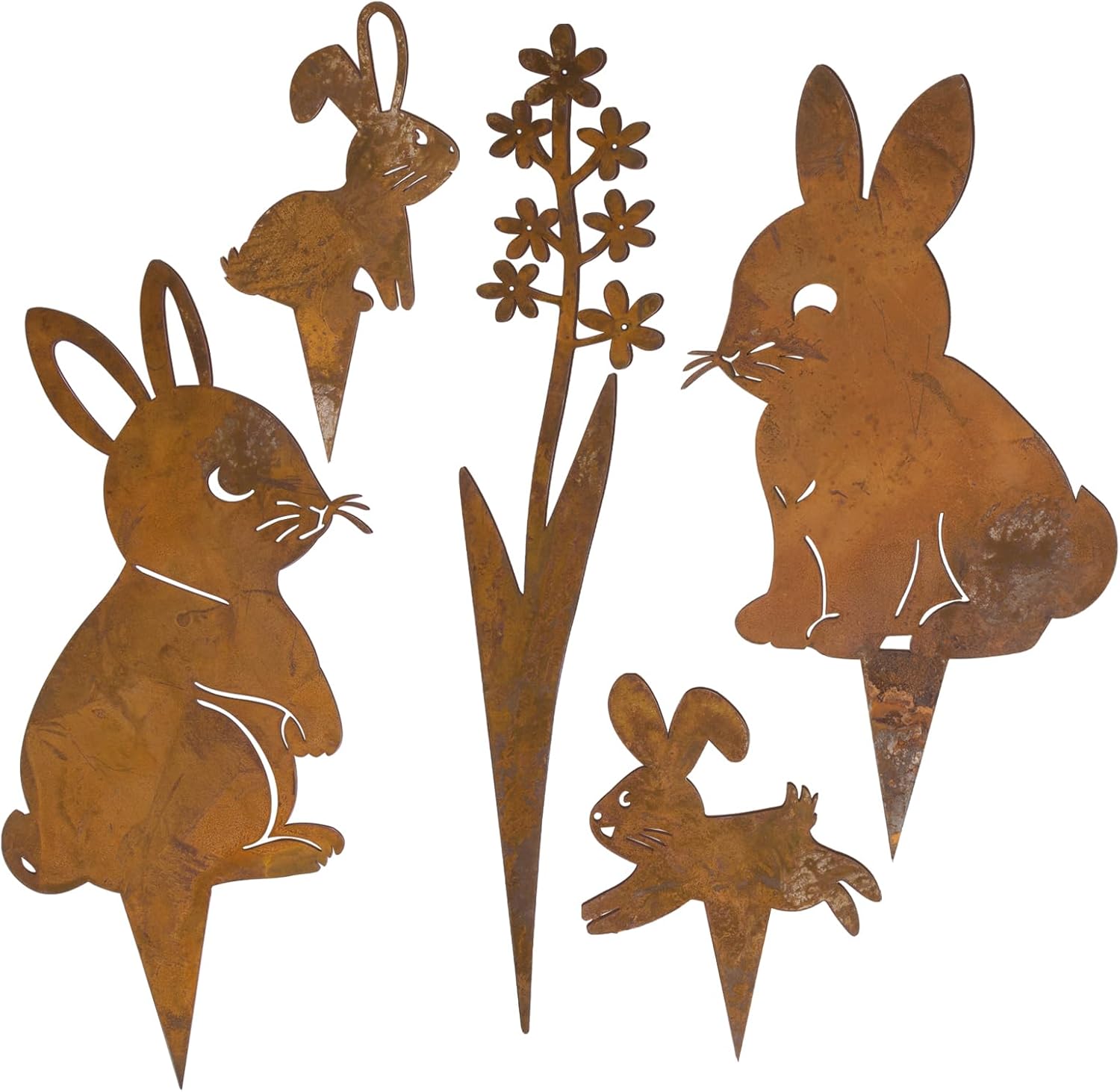 Ozdoby Ogrodowe Wielkanocne - Zestaw 5 sztuk - Dekoracja Króliki z Rdzewiejącego Żelaza, Paliki Zewnętrzne