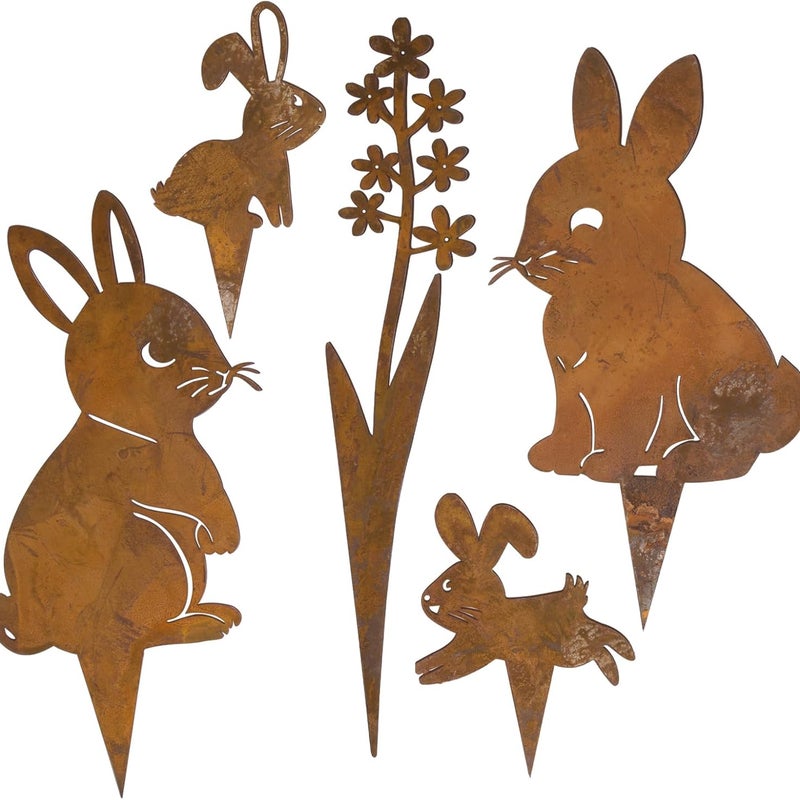 Ozdoby Ogrodowe Wielkanocne - Zestaw 5 sztuk - Dekoracja Króliki z Rdzewiejącego Żelaza, Paliki Zewnętrzne