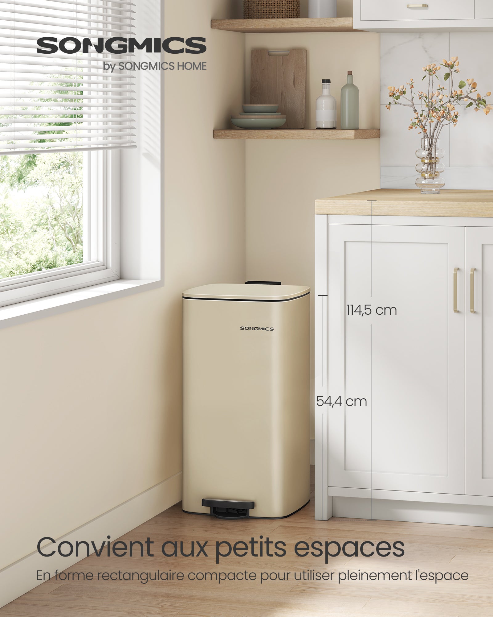 Poubelle de Cuisine, Poubelle 30 L, Poubelle à Pédale en Acier, avec Seau Intérieur, Fermeture Douce et Maintien en Ouverture, Beige Sable - 2