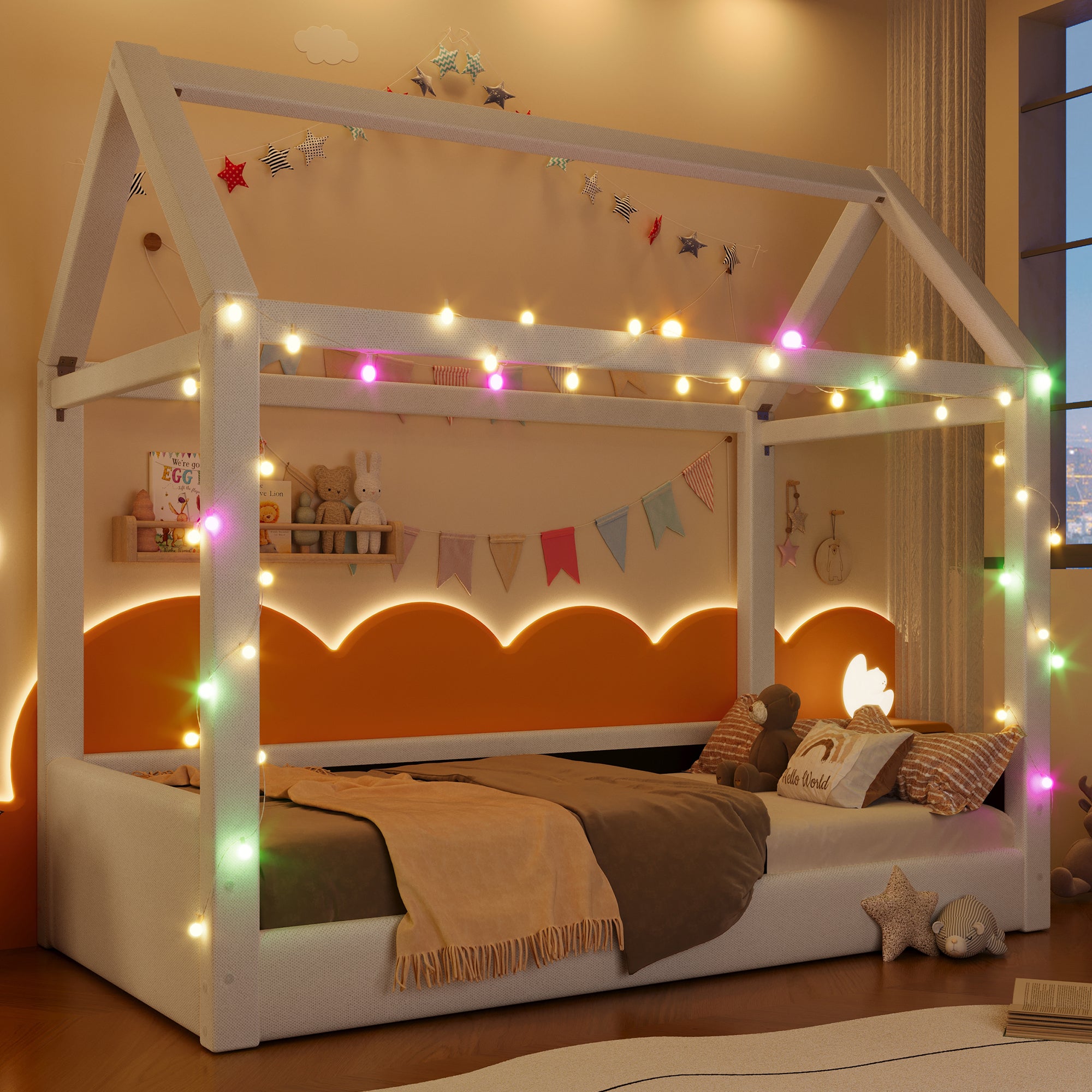 Łóżko tapicerowane 90 x 200 cm z diodami LED - Tkanina lniana + MDF - W zestawie stelaż z listew - Białe (Materac nie jest wliczony w cenę)