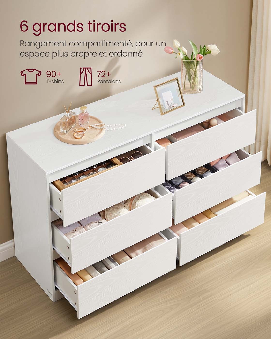 Commode chambre 6 tiroirs armoire de rangement meuble à vêtements 40 x 119,4 x 75 cm style moderne blanc 12_0008005 - 2