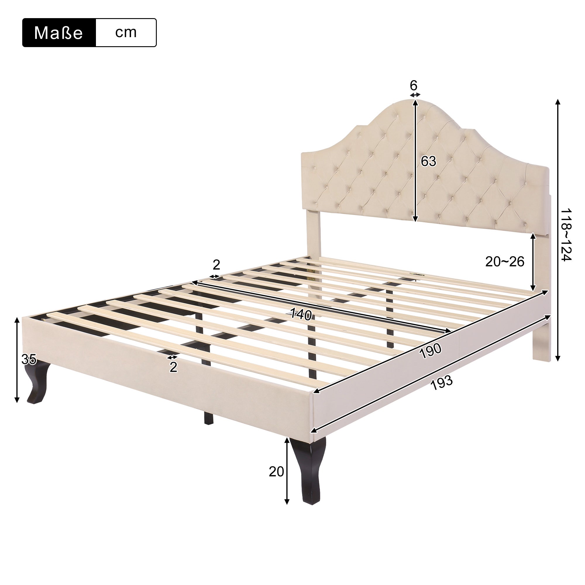 Lit Adulte Double 140x190 cm - Sommier à Lattes - Tête de Lit Réglable - Velours Beige (Sans Matelas) - 3