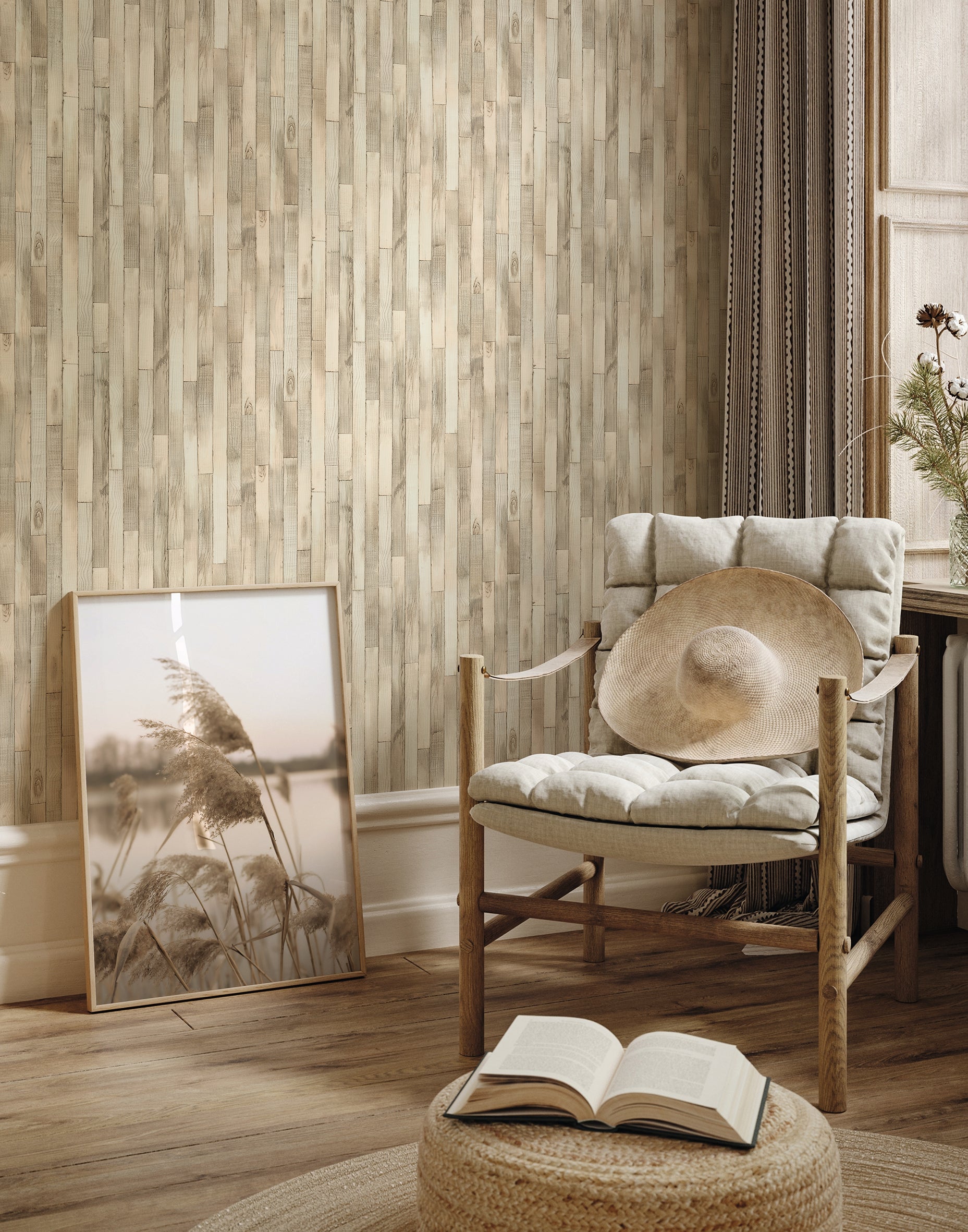 Papier peint effet lambris bois beige main image 0