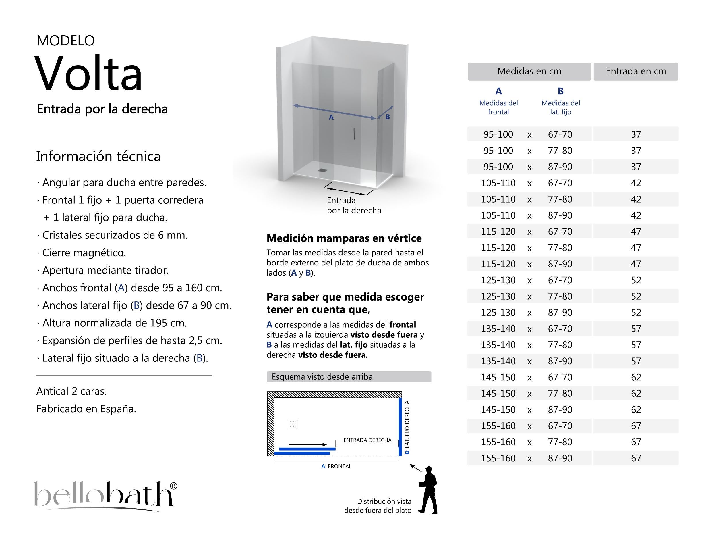 BELLOBATH - Cabina de duche angular 1 porta deslizante + 2 fixas - Vidro Antical - Negro - Largura Adaptável 105-110x87-90 - Porta Direita - 5