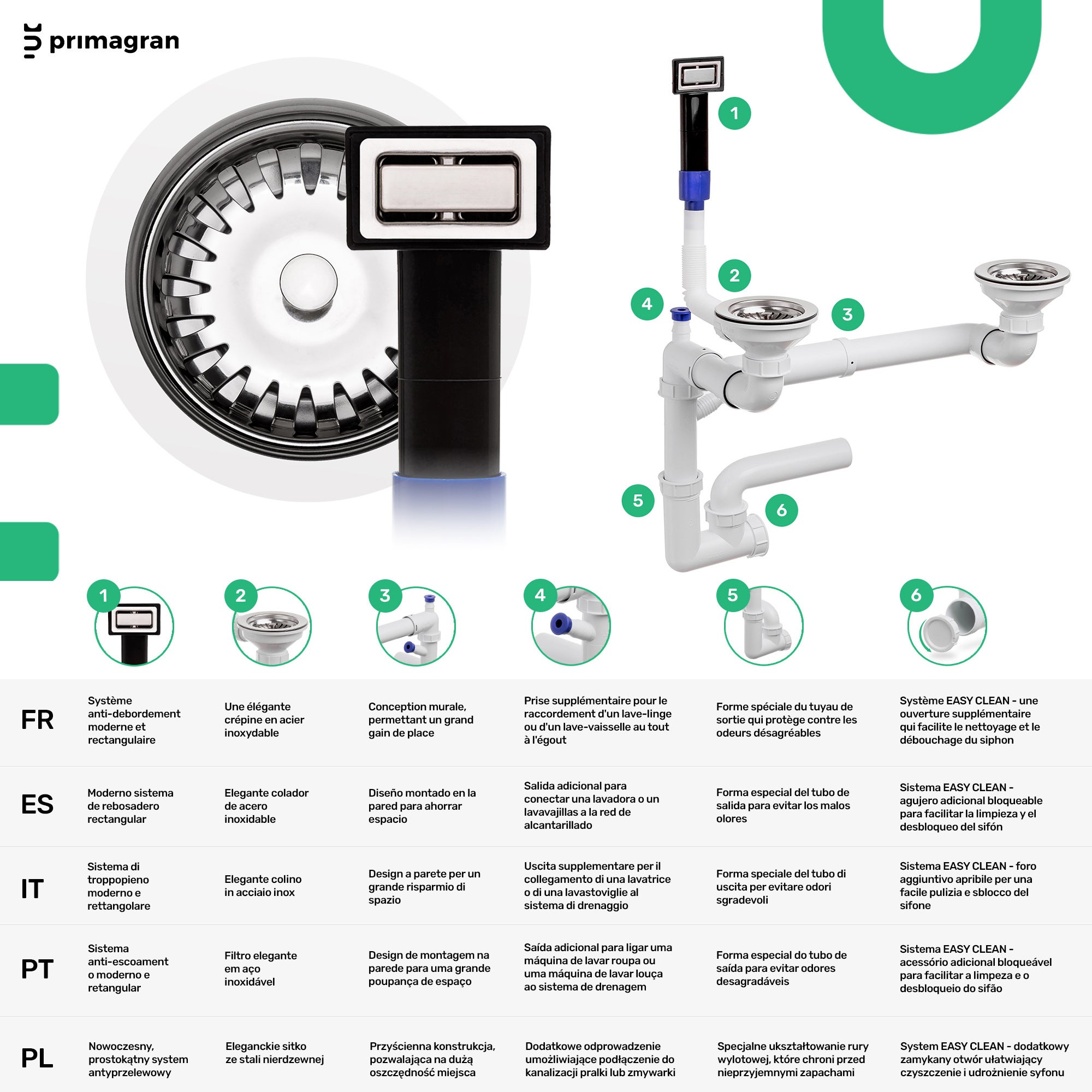 Lava-louça de encastrar Branco 76x47cm, Pia de Cozinha 2 cubas + Kit de drenagem, Pia em Granito em armários de 80cm - Madrid PRIMAGRAN - 7