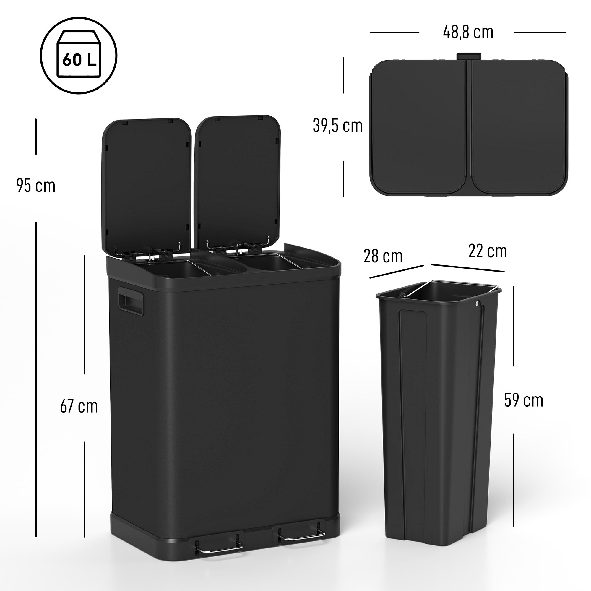 Poubelle de cuisine 2 x 30 L pédale inox fermeture douce noir | Leroy ...