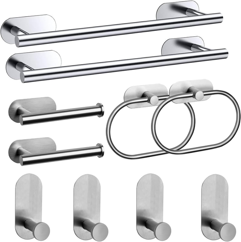 Zestaw wieszaków na ręczniki ze stali nierdzewnej, samoprzylepny uchwyt na papier toaletowy i haczyki na ręczniki (srebrny, 10 sztuk)