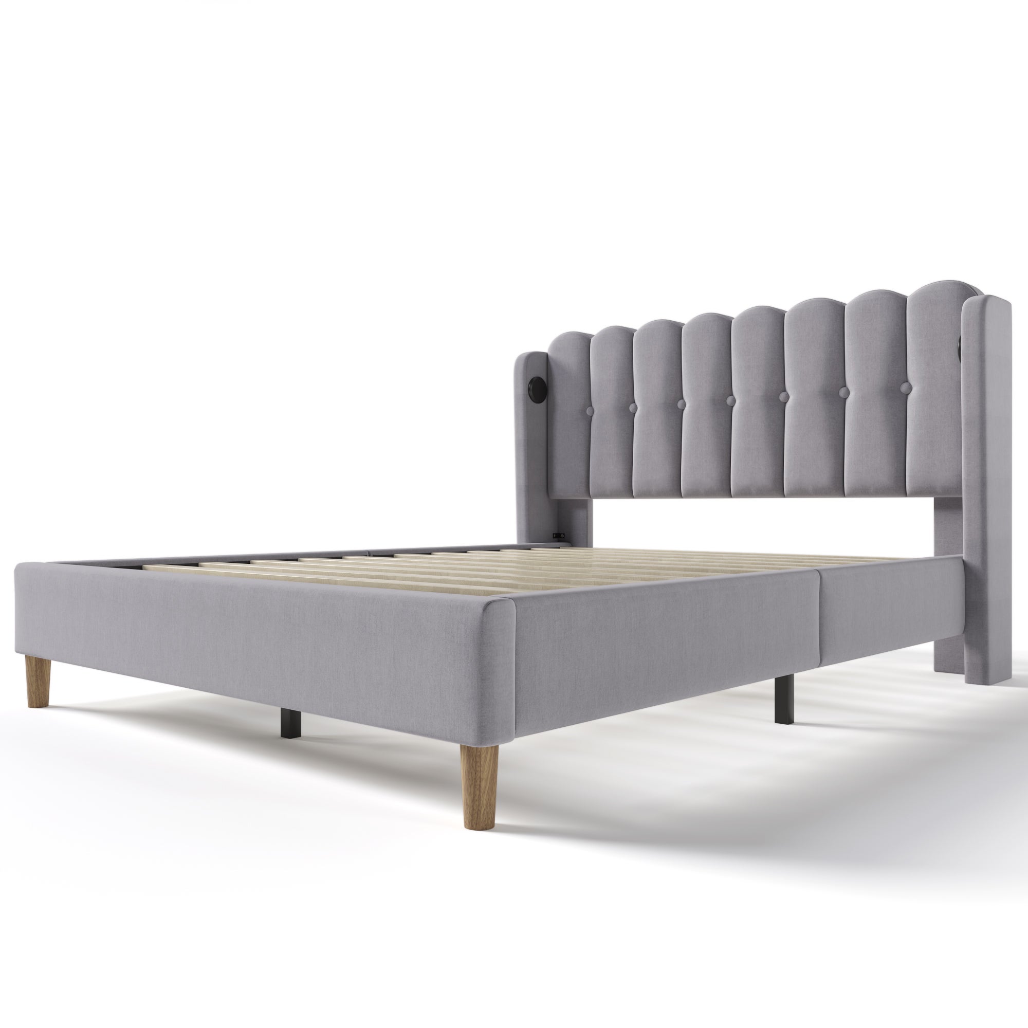 Lit double 160x200 cm tête de lit rembourrée avec chargement USB Type-C sommier en lin gris (sans matelas) - 6