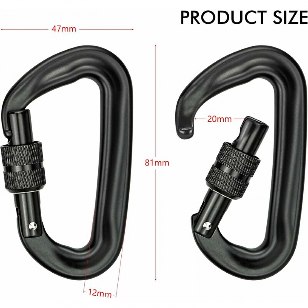 Lot de 2 mousquetons robustes en aluminium 12 kN (1 200 kg), en forme de D, pour hamac, yoga, balançoire, camping, porte-clés, verrouillage pour chien - 2