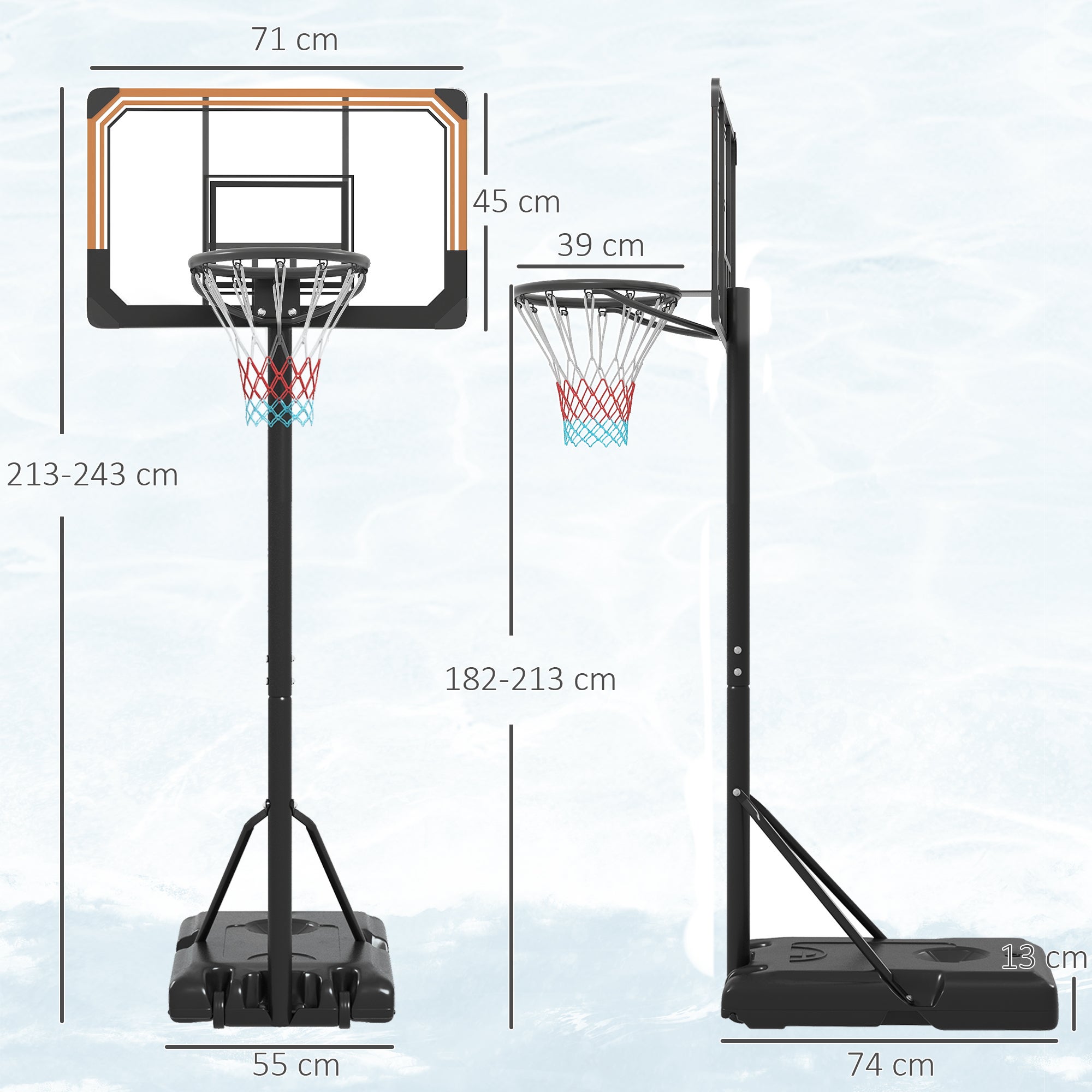 Tabela de Basquetebol SPORTNOW PE, Aço e Poliéster Preto 71x45x235-264 cm - 3