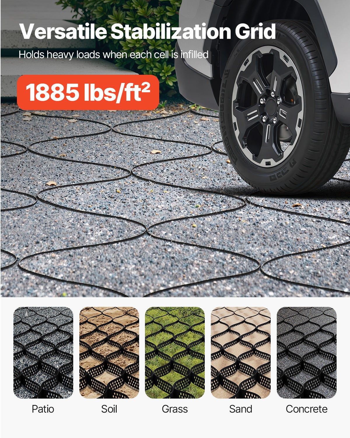 Stabilisateur Gravier,VEVOR 5,2x2,7 m,Profondeur 5 cm,Retenue de Gazon au Sol Stable,pour Allée,Patio,Jardin,Terrasse,Surfaces Planes,Pentes - 5