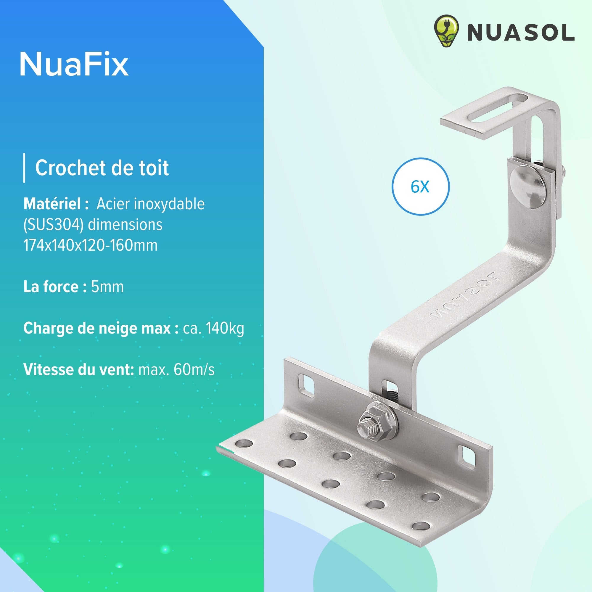 NUASOL Lot de 2 crochets de toit photovoltaïques PV pour toit de tuiles - Avec profilé solaire en aluminium, embouts de 35 mm, jusqu'à 115 cm - 5