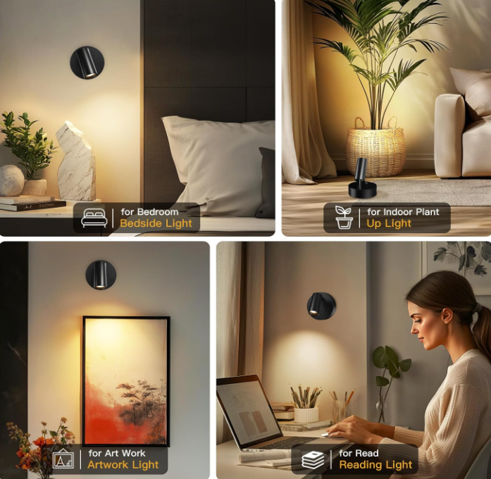 Lámpara de pared táctil regulable, foco magnético inalámbrico, rotación de 350°, recargable, ideal para cocina y dormitorio (negro) - 7