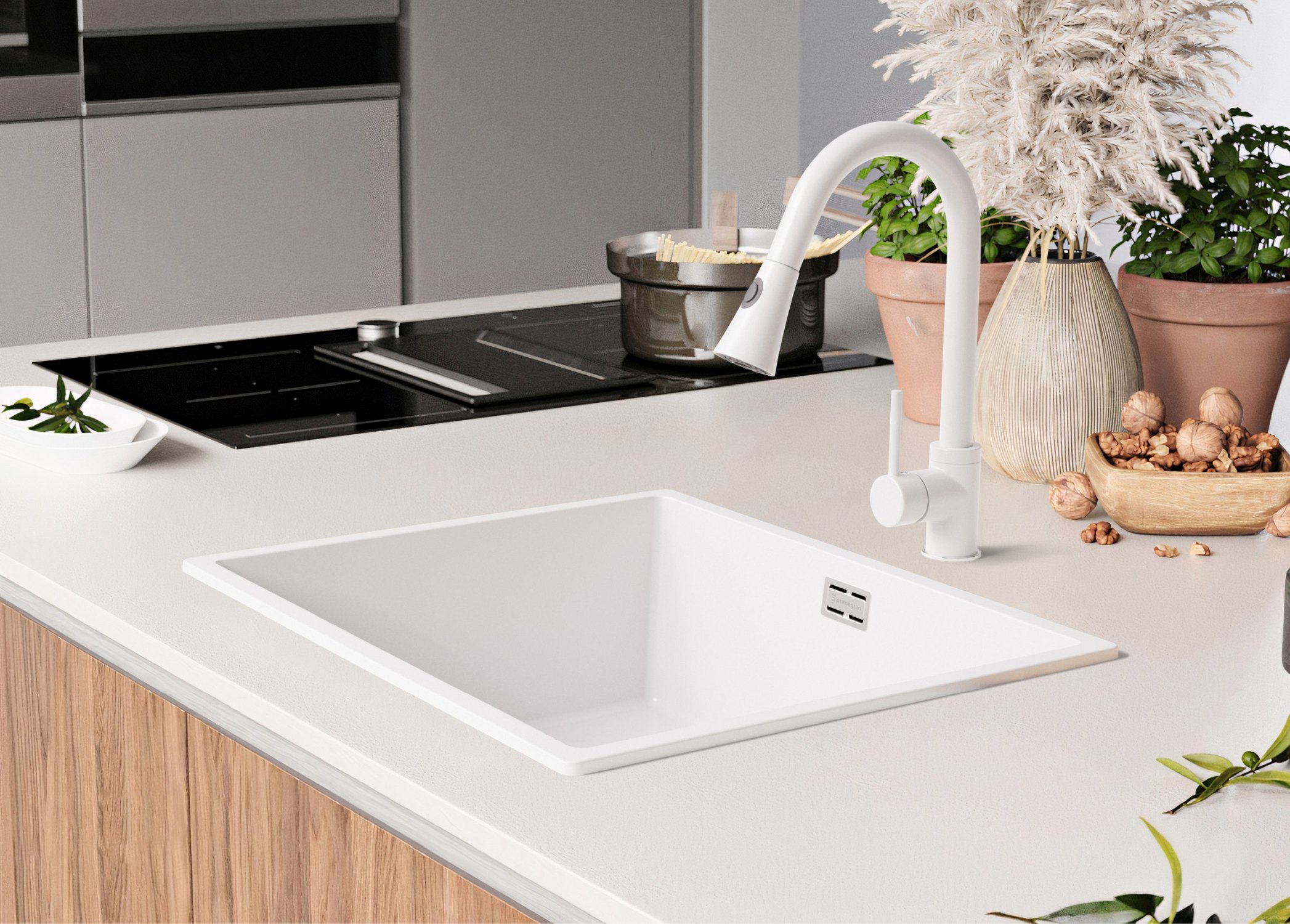 Lavandino da Cucina Bianco 56x47cm, Lavello in Granito a 1 vasca + Sifone Classico + Accessori, Lavabo da Cucina Incasso al mobile 60cm PRIMAGRAN - 9