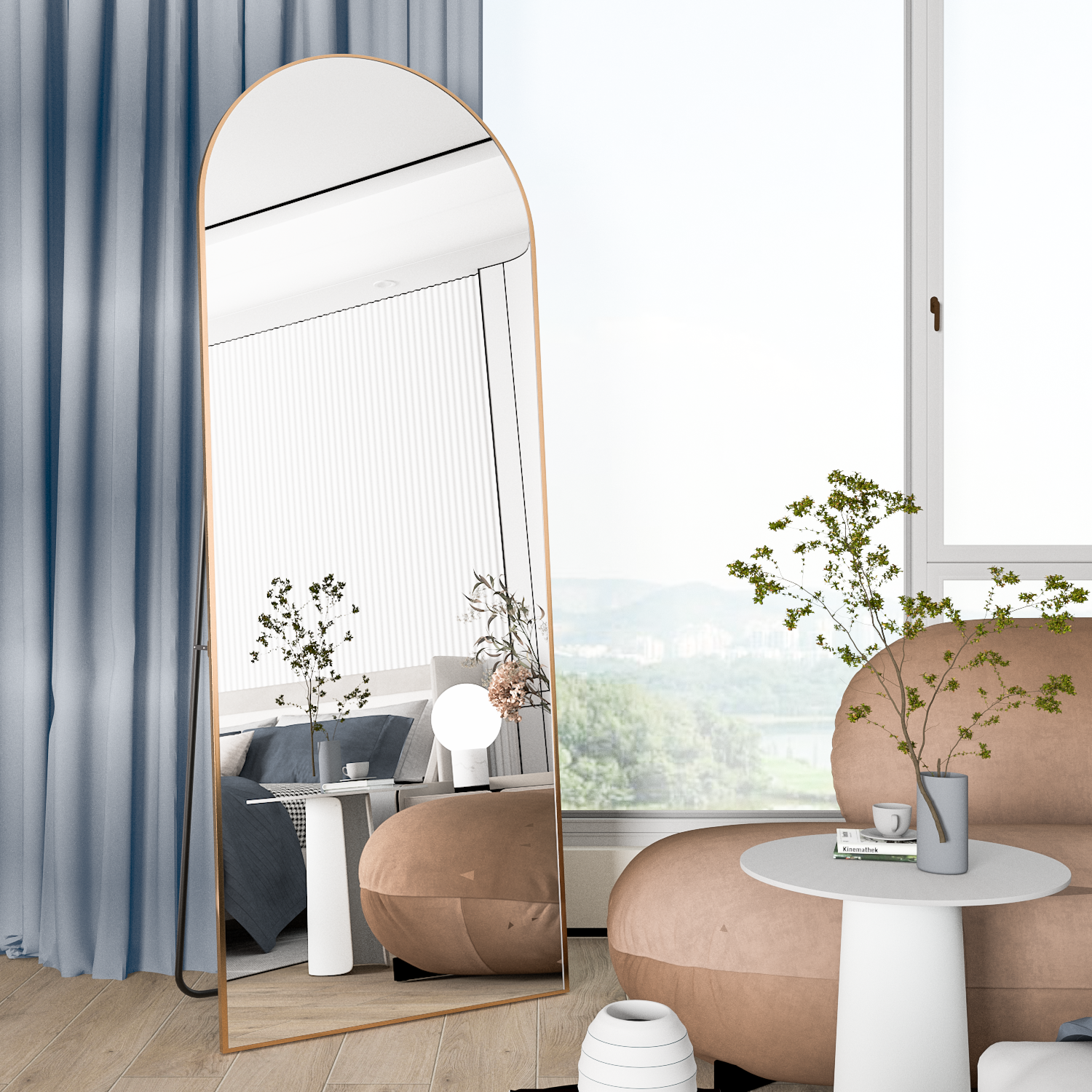 Pełnowymiarowe lustro 150 x 60 cm, lustro stojące z ramą aluminiową, gładkie łukowate lustro stojące, złote