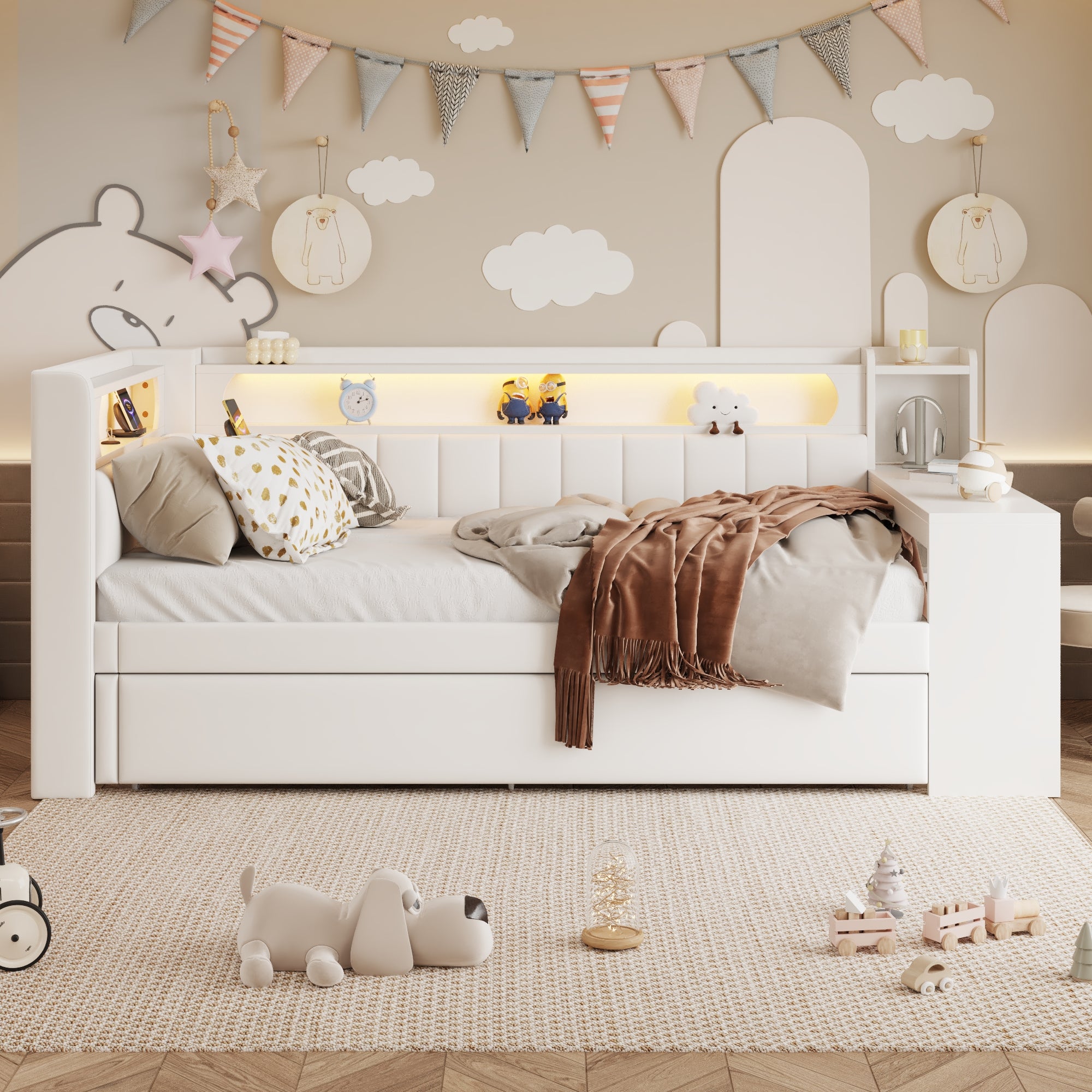 Łóżko wysuwane 90 x 200 cm z biurkiem, 2 szufladami i przegródkami - MDF + sklejka + tkanina lniana - port USB i diody LED - białe (bez materaca) - 2