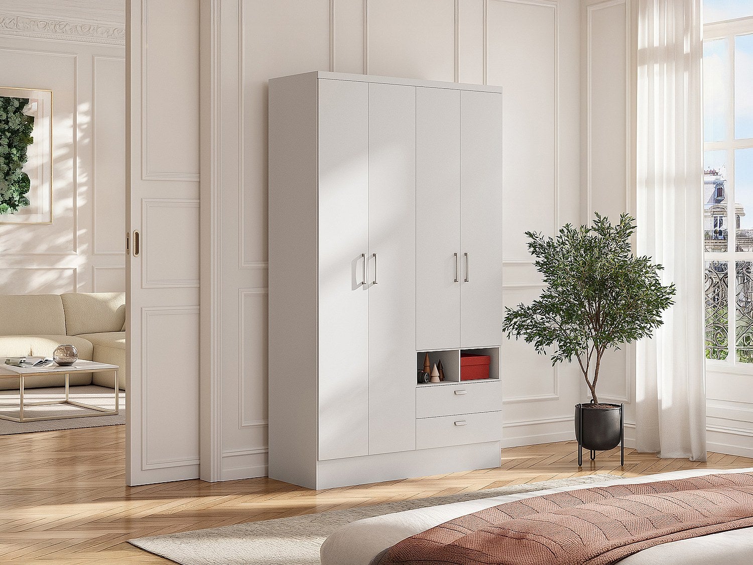 Armoire ODILON - 4 portes & 2 tiroirs - L.120 cm - Blanc - 6