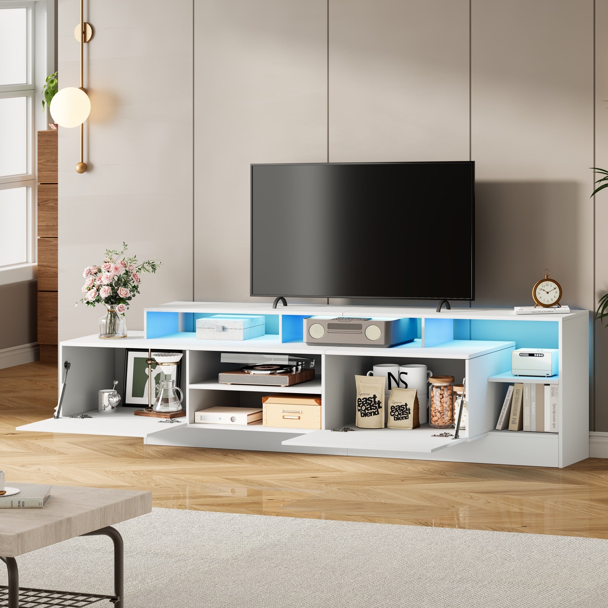 Meble pod TV 190x40x48,5 cm - z oświetleniem LED - z 2 frontami odchylanymi - Otwarta przestrzeń do przechowywania - Błyszczące wykończenie - Biały - 2