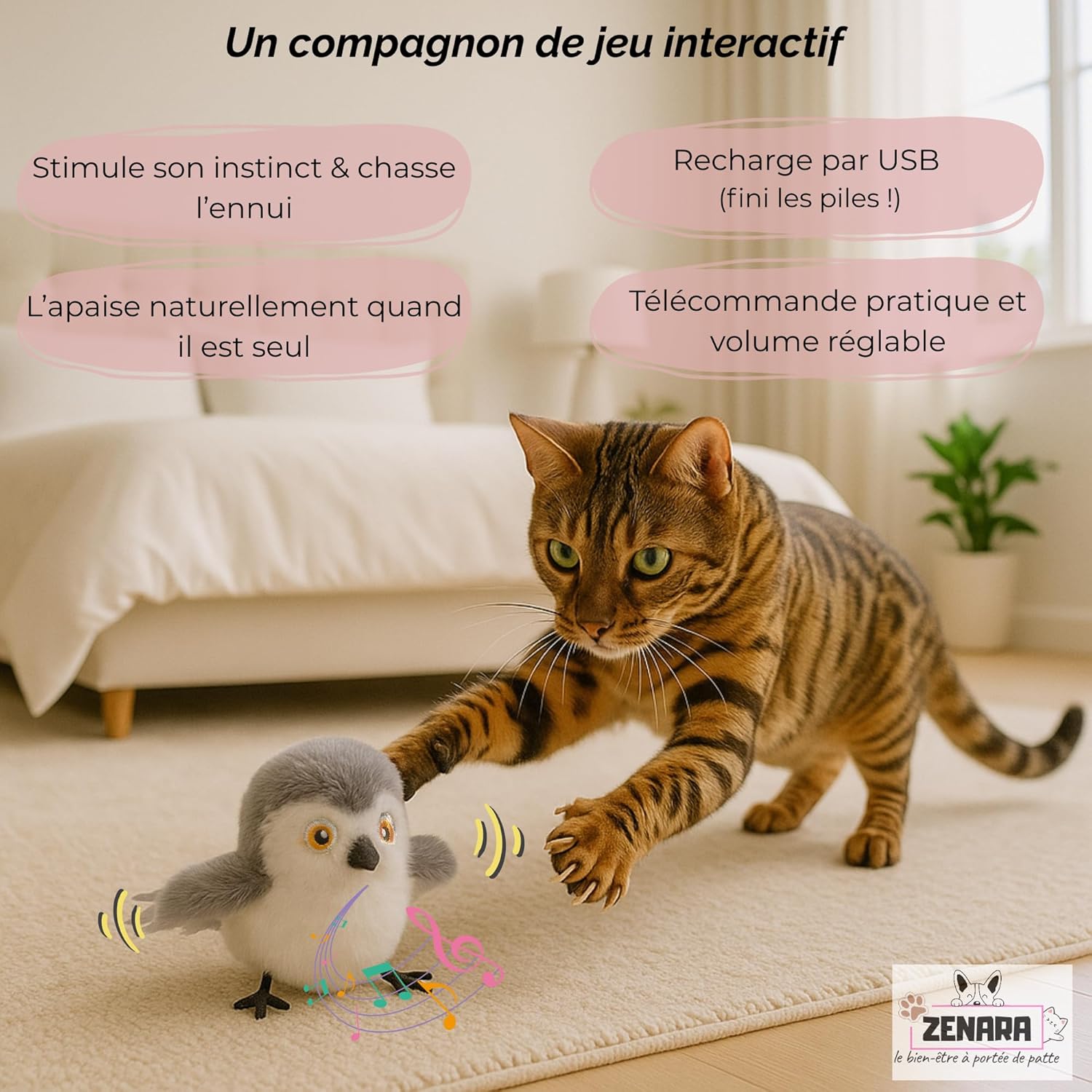 Jouet interactif pour chat - Oiseau volant avec battements d'ailes et gazouillis réalistes - Rechargeable par USB - Herbe à chat - 5