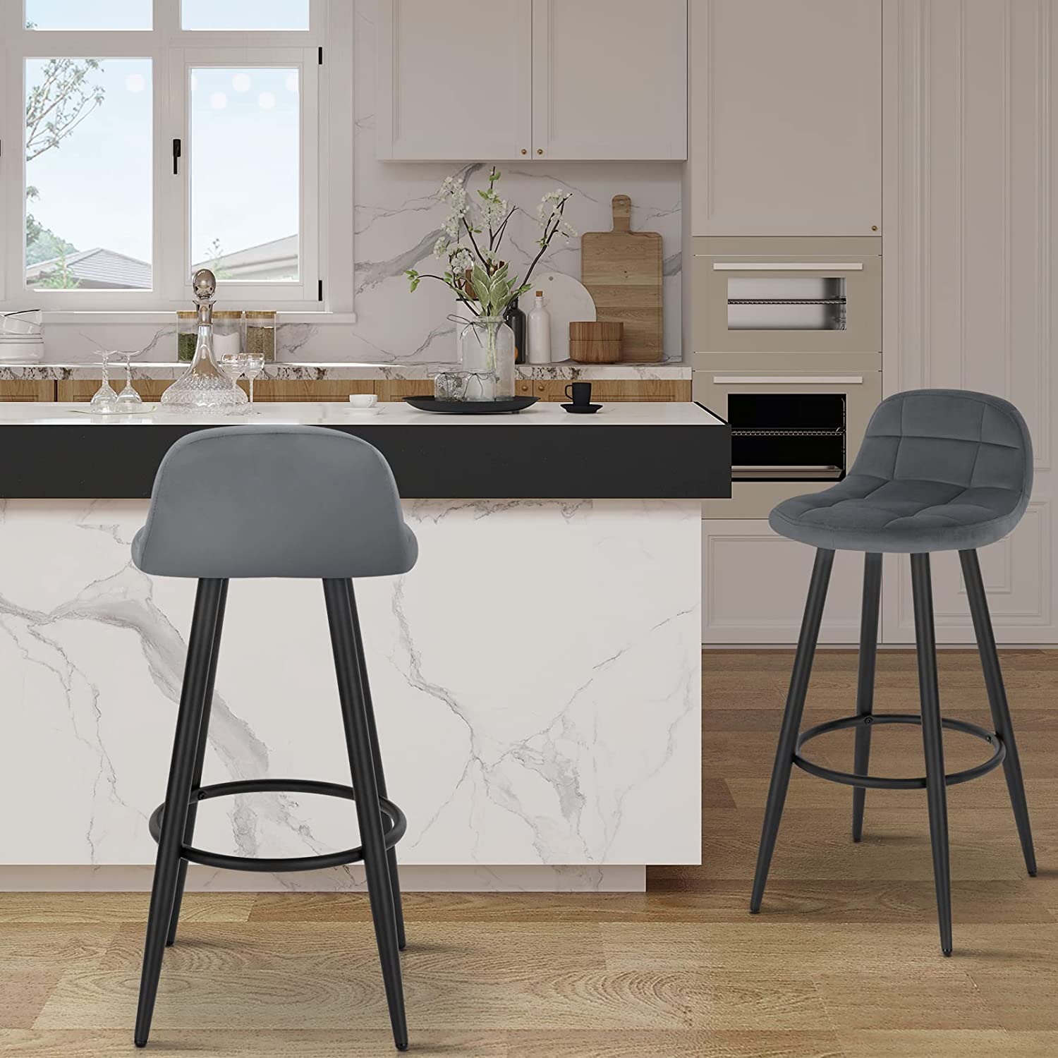 Lot de 2 Tabourets de Bar Modernes WOLTU, Chaise de Cuisine Haute en Velours et Métal, Hauteur d'Assise 70cm, Gris Foncé - 3